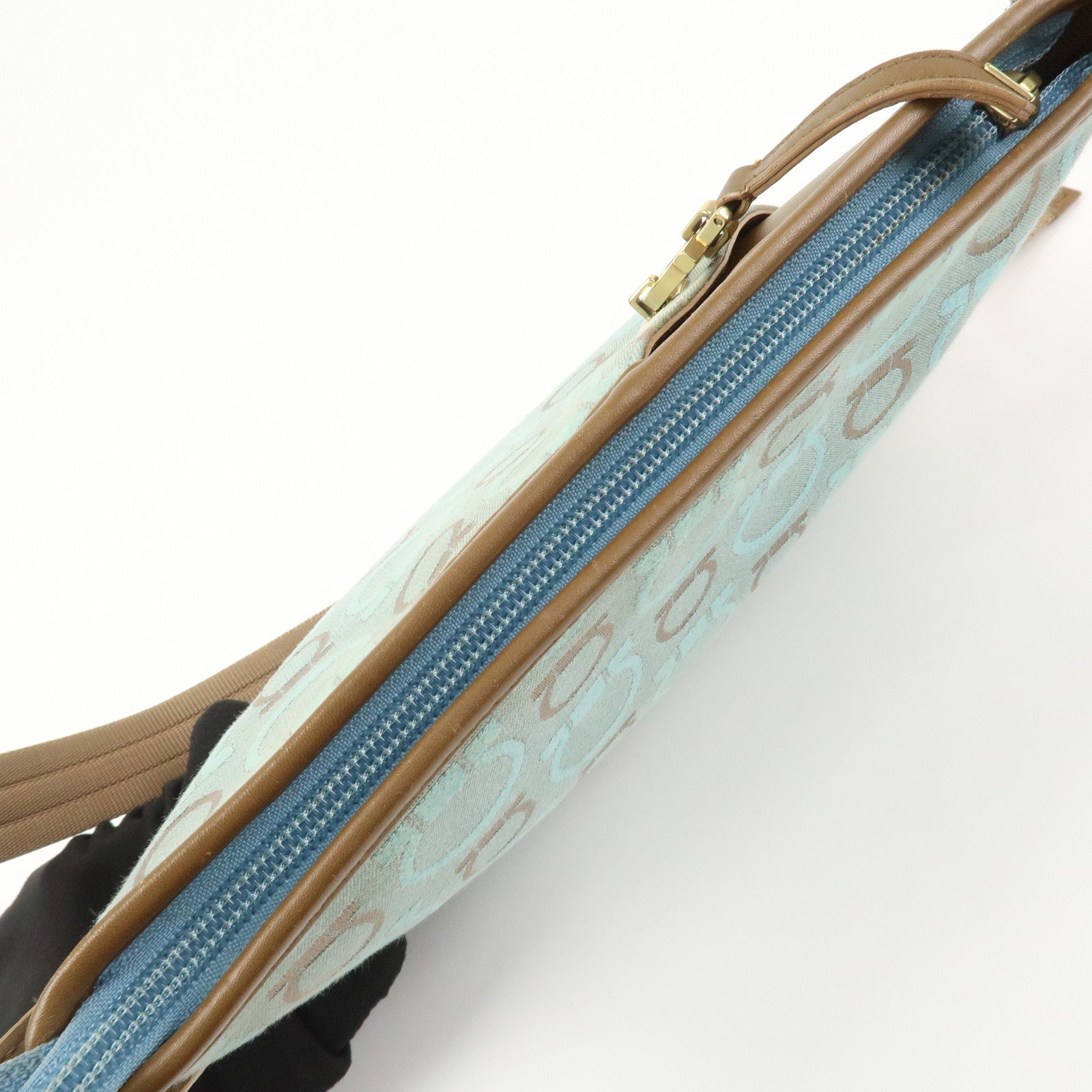 Ferragamo Gancini Logo Canvas Leather Shoulder Bag Light Blue Brown