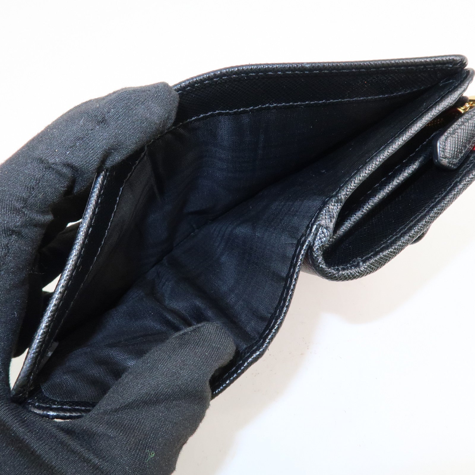 PRADA Saffiano Leather Bi-Fold Wallet Black Red Gold 1ML018 Used