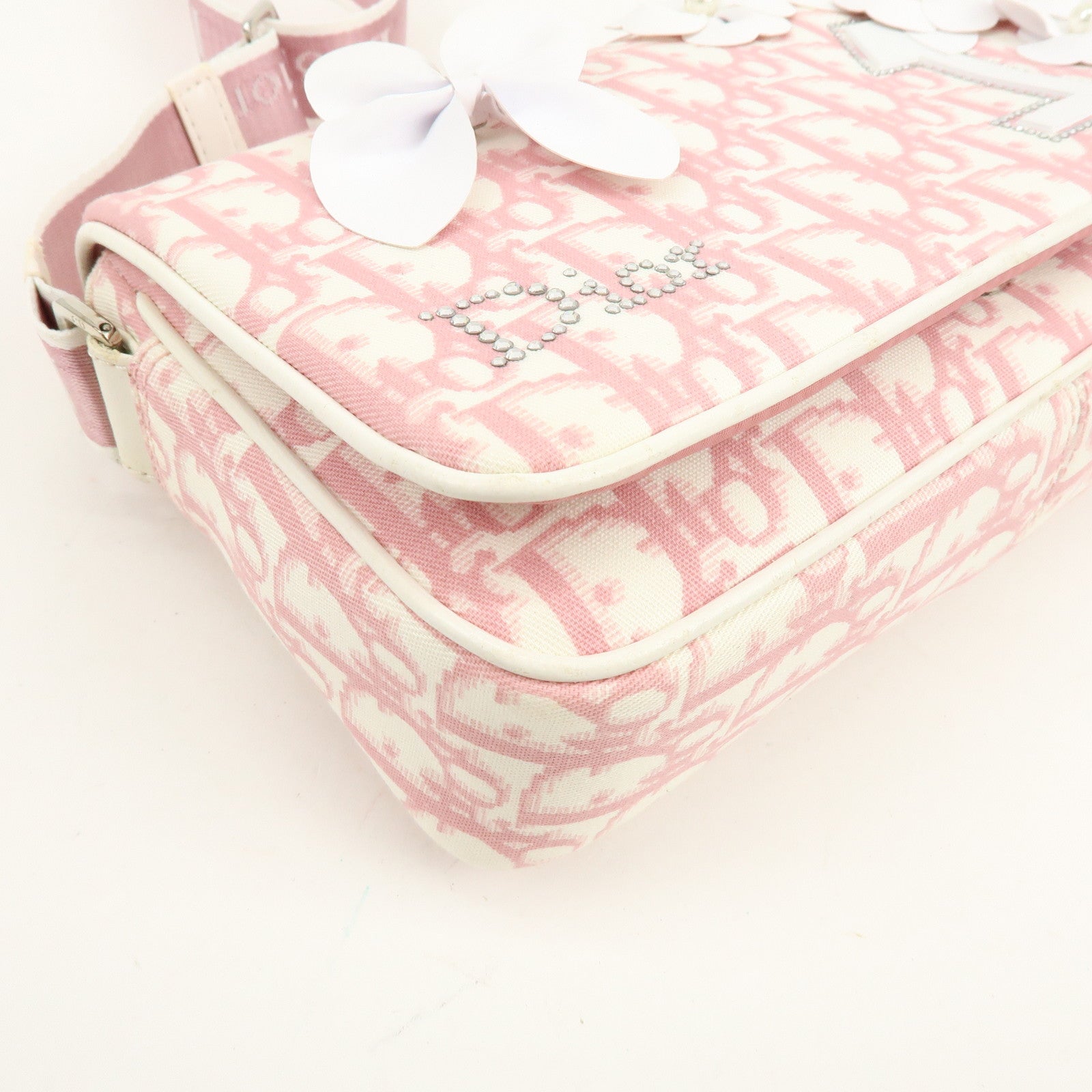 Christian Dior Trotter Canvas Rhinestone Leather Shoulder Bag Pink
