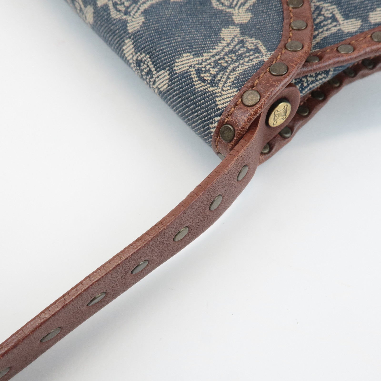 CELINE Macadam Denim Canvas Leather Shoulder Bag Blue Brown Used