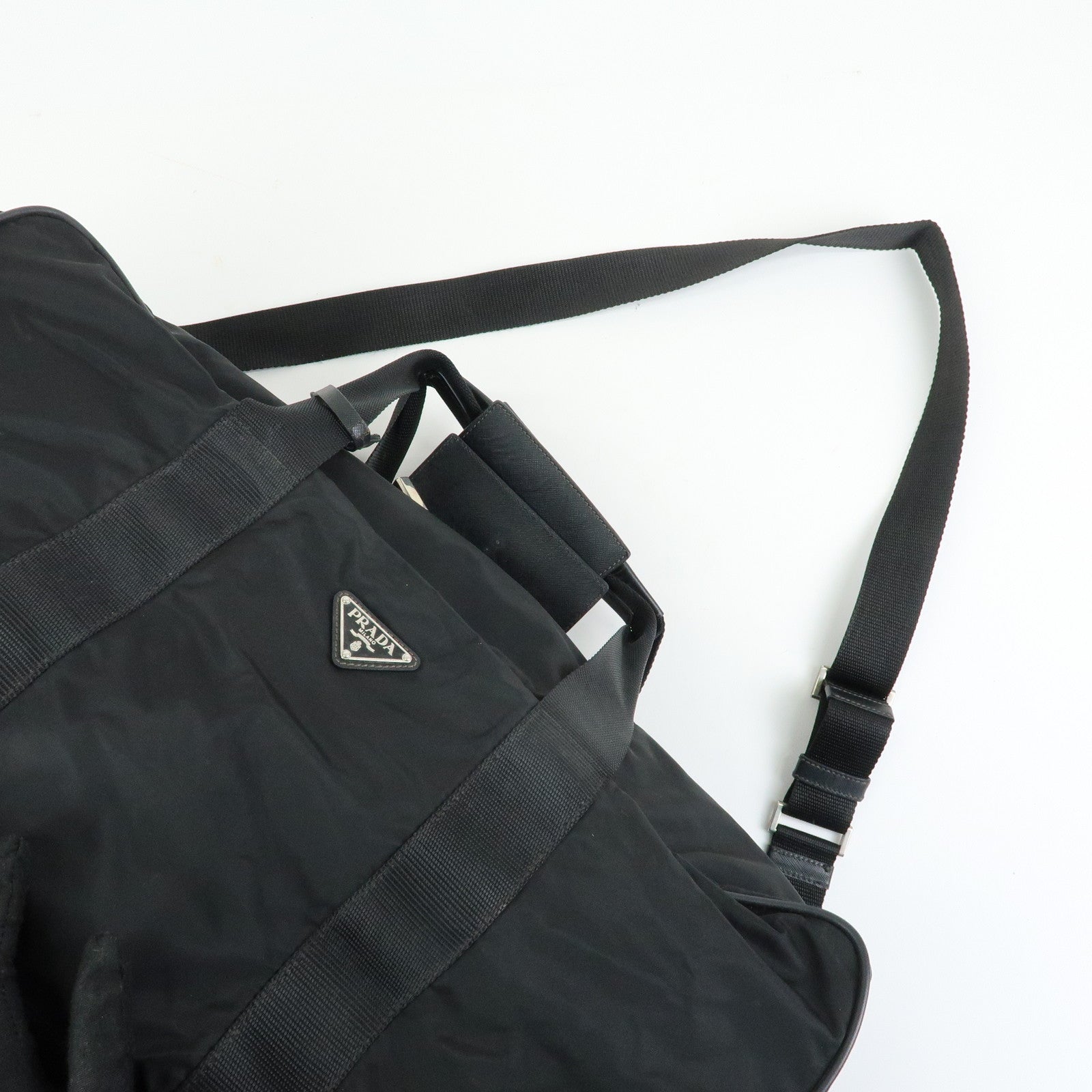 PRADA Triangle Logo Nylon Leather Boston Bag Travel Bag Black