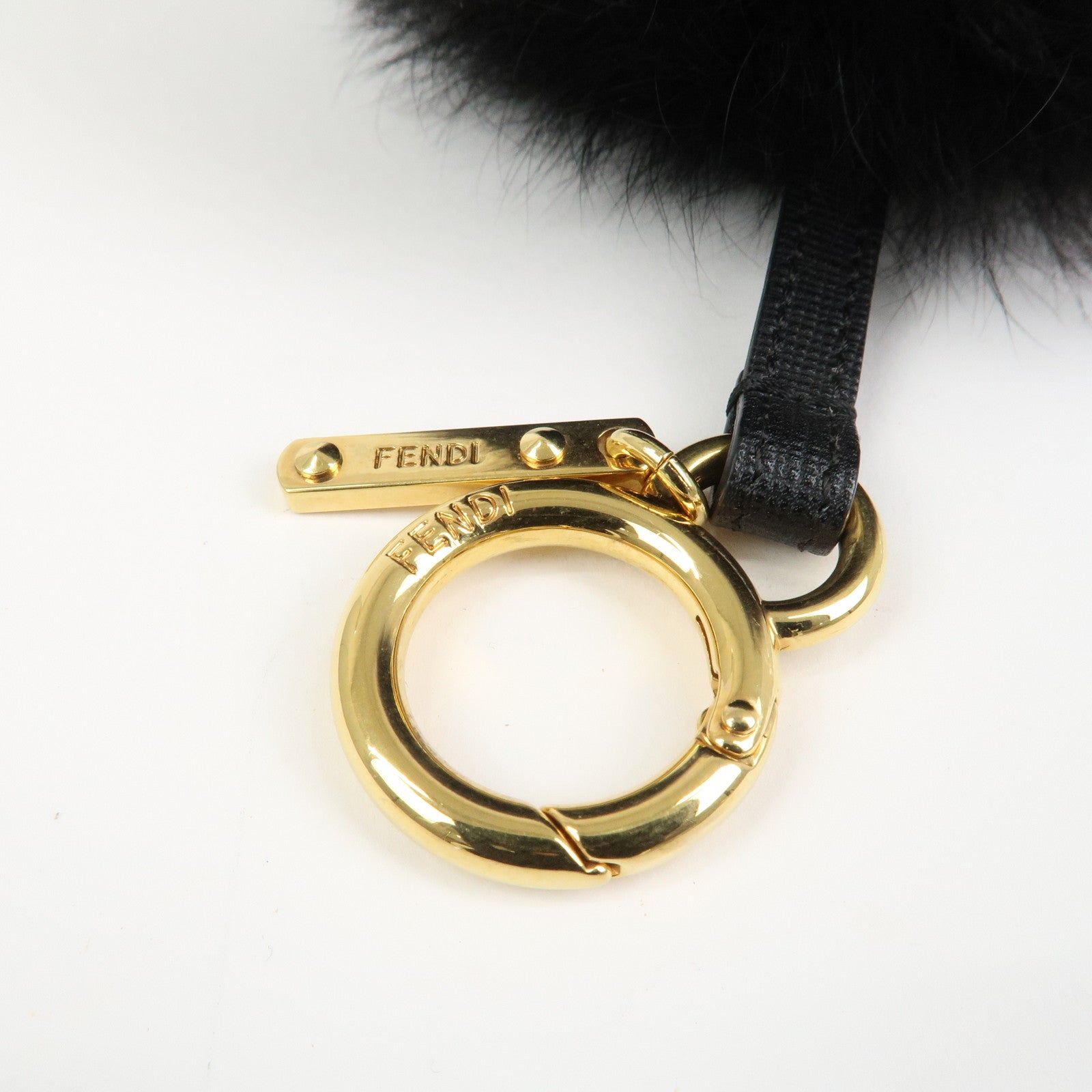 FENDI Fur Leather Pom Pom Bag Charm Key Chain Black