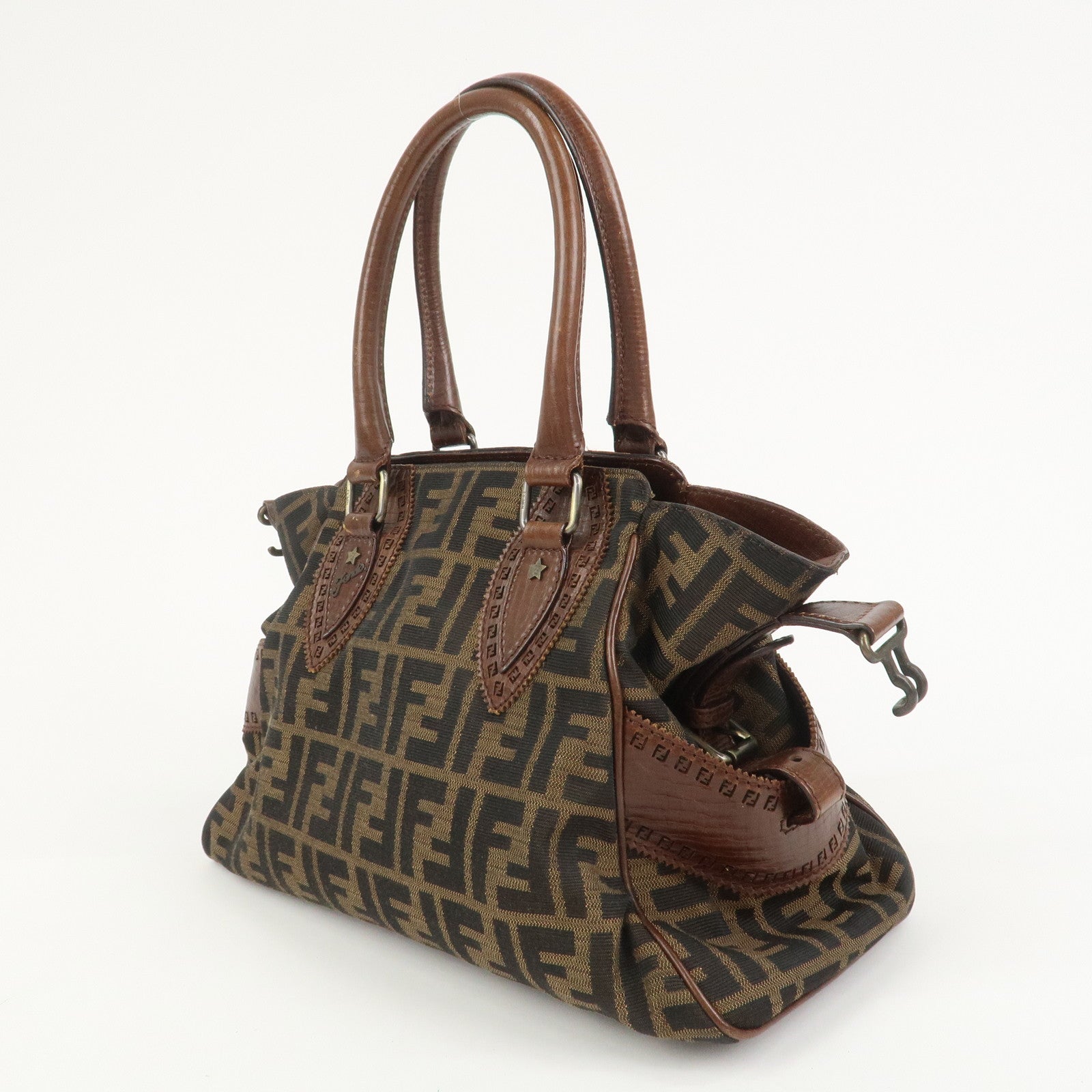 FENDI Etnico Zucca Canvas Leather Shoulder Bag Brown Black 8BN157