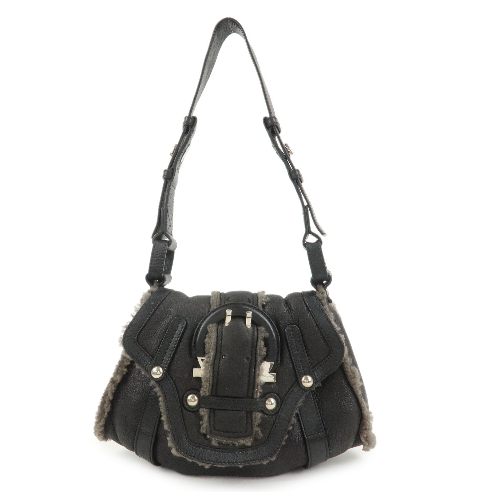 Ferragamo Gancini Mouton Leather Shoulder Bag Hand Bag Black