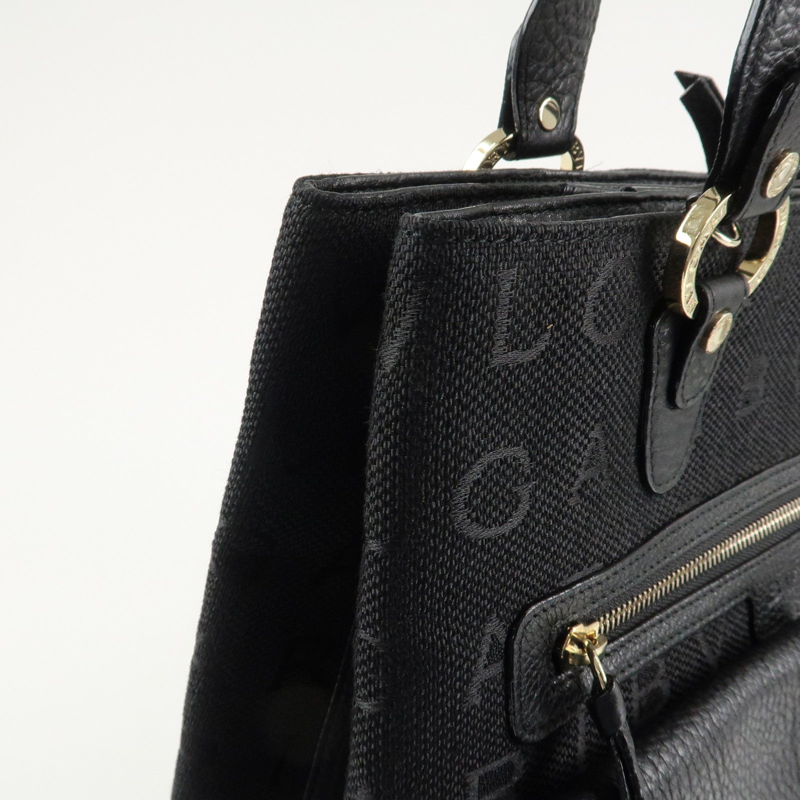 BVLGARI Logo Mania Canvas Leather Tote Bag Black Gold Hardware Used