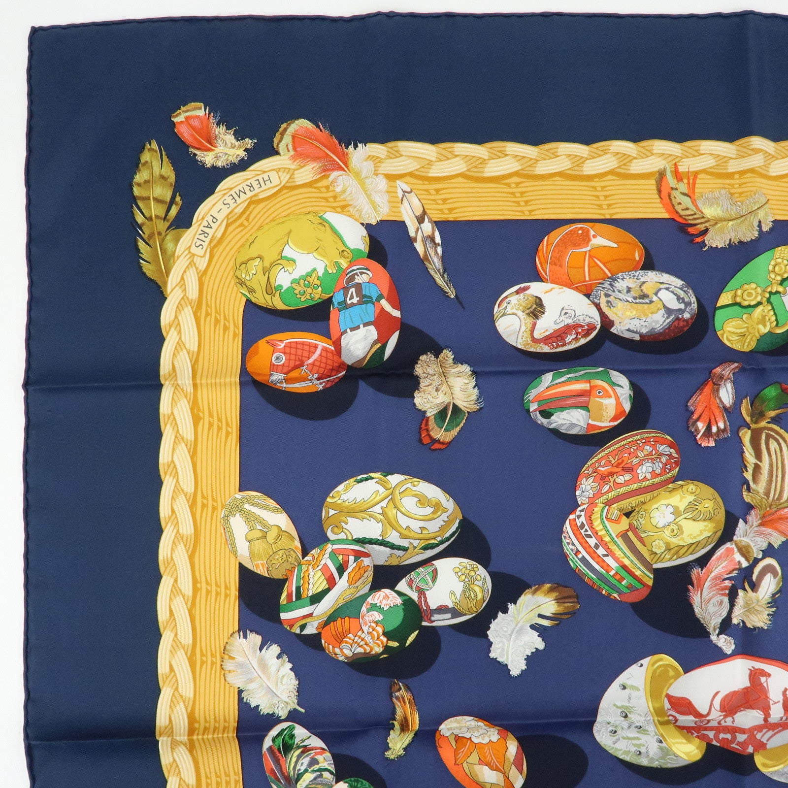 HERMES Carre 90 Silk 100% Scarf COUVEE D HERMES Egg Print Navy Gold