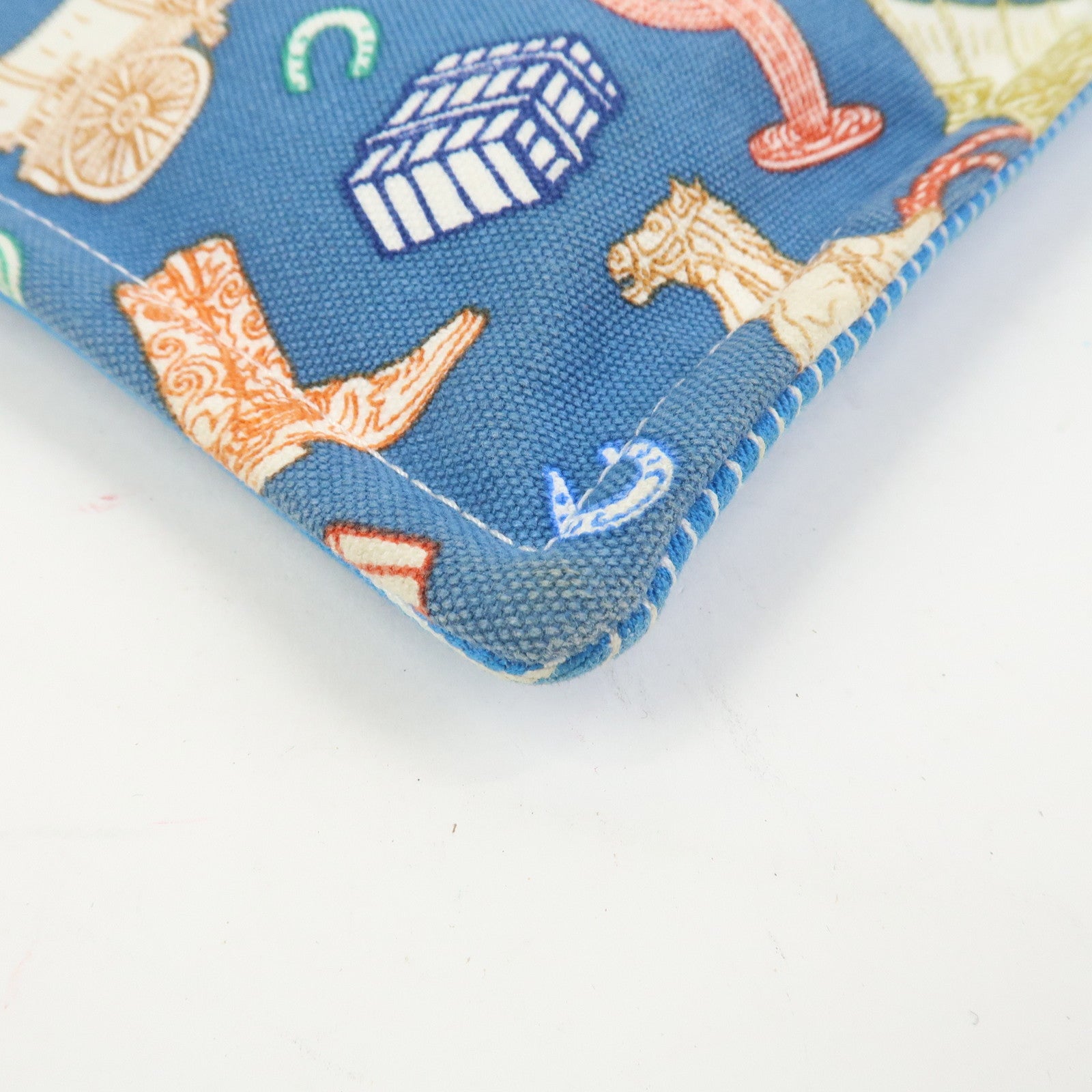 HERMES Cotton Western Motif Pouch Cosmetic Pouch Blue Multicolor