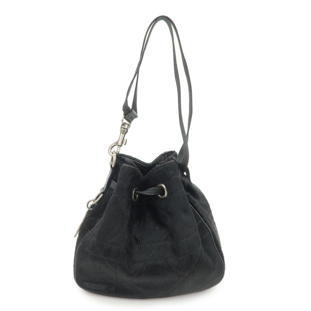 Christian Dior Unborn Carf Leather Drawstring Hand Bag Black Silver
