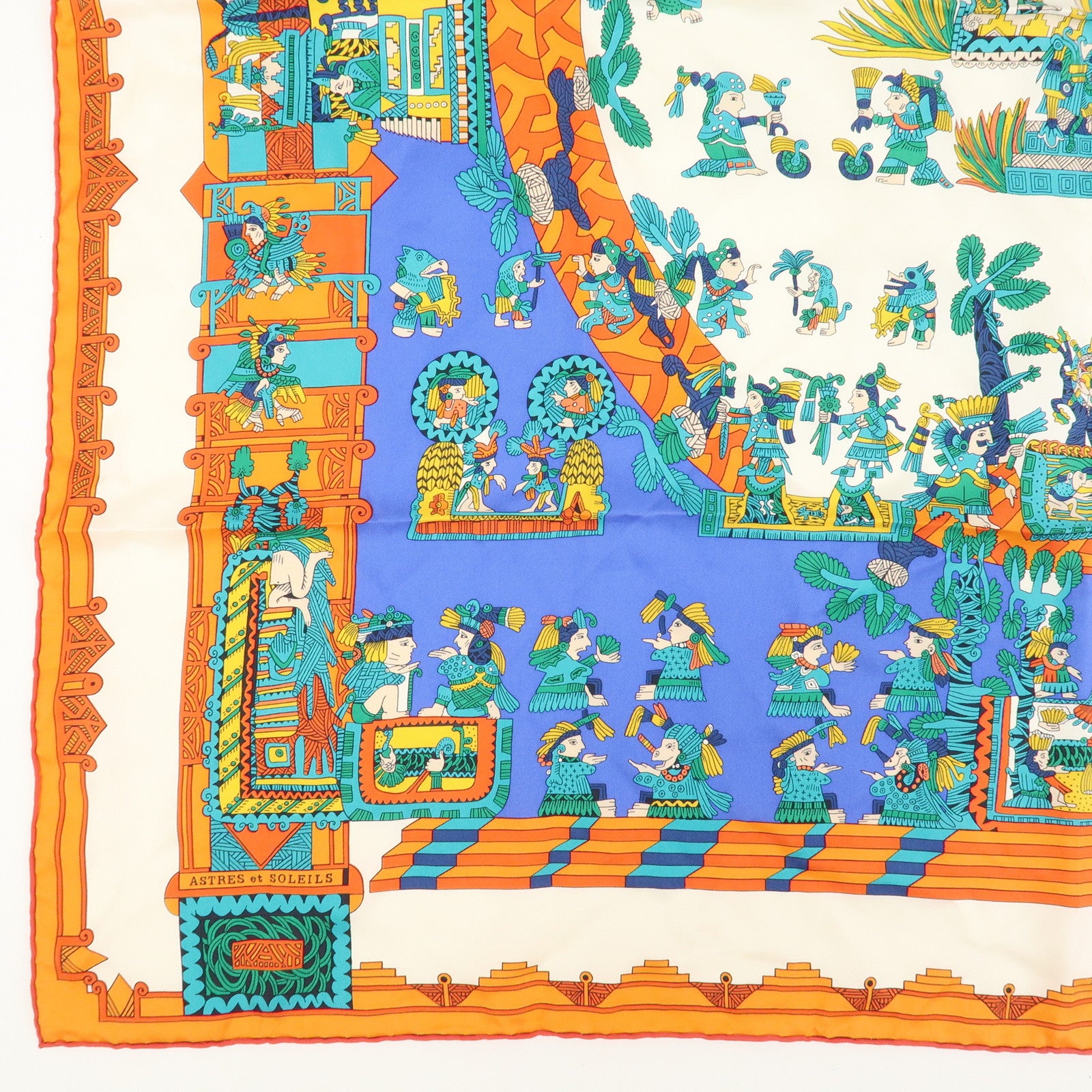 HERMES Carre 90 Silk 100% Scarf ASTRES ET SOLEILS Orange Green Blue