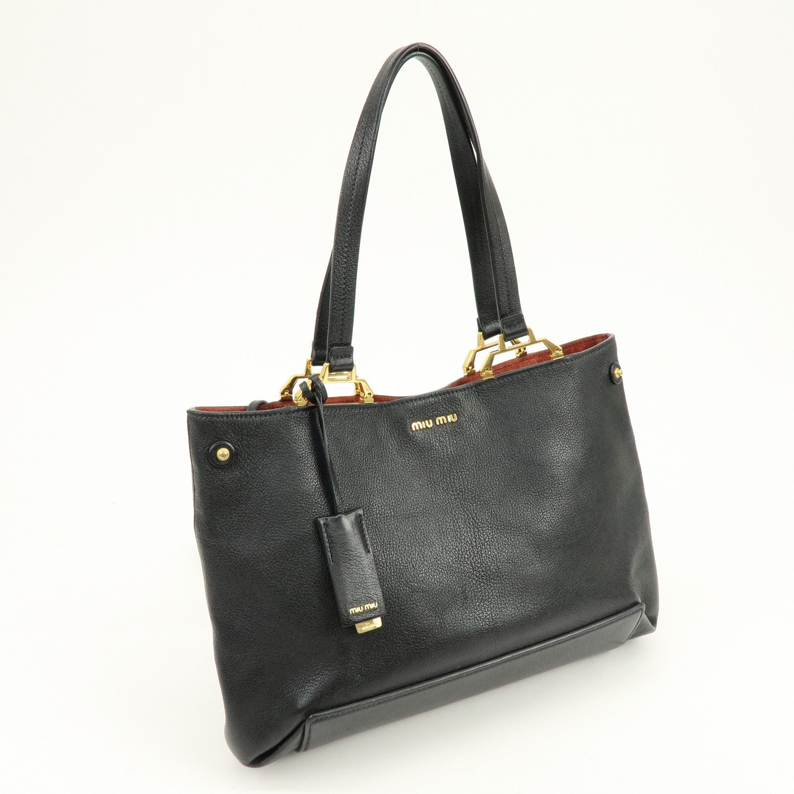 MIU MIU Logo Leather Tote Bag Hand Bag Black Gold 5BG025