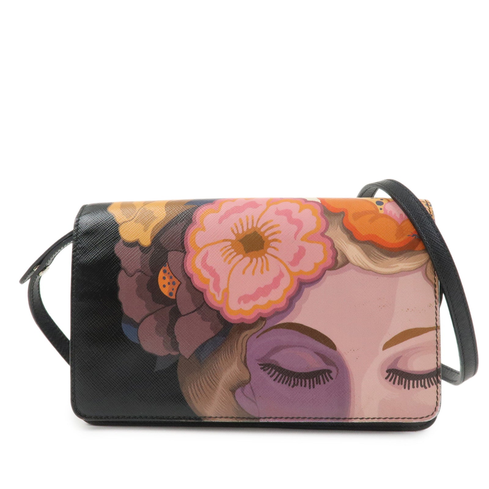 PRADA Flower Print Saffiano Leather Shoulder Bag Hand Bag Black