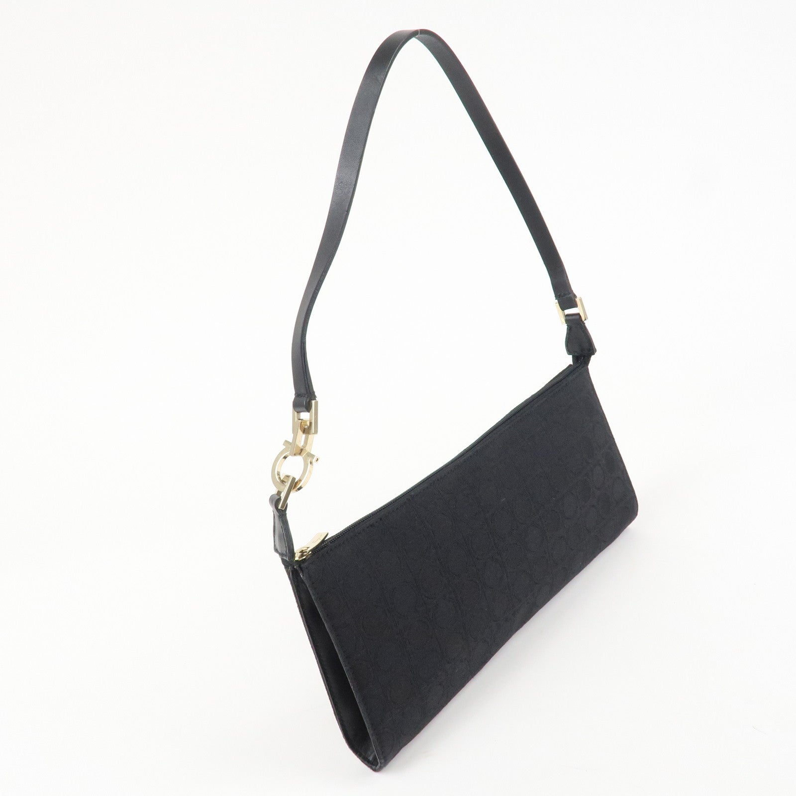 Ferragamo Ganchini Canvas Leather Shoulder Bag Hand Bag Black Used