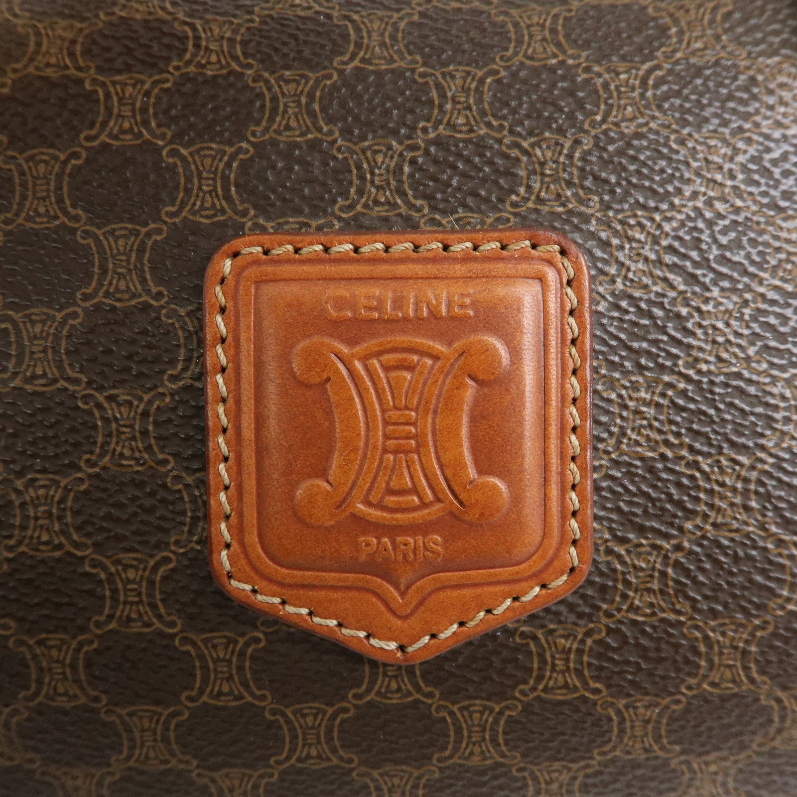 CELINE Logo Macadam PVC Leather Boston Bag Hand Bag Brown
