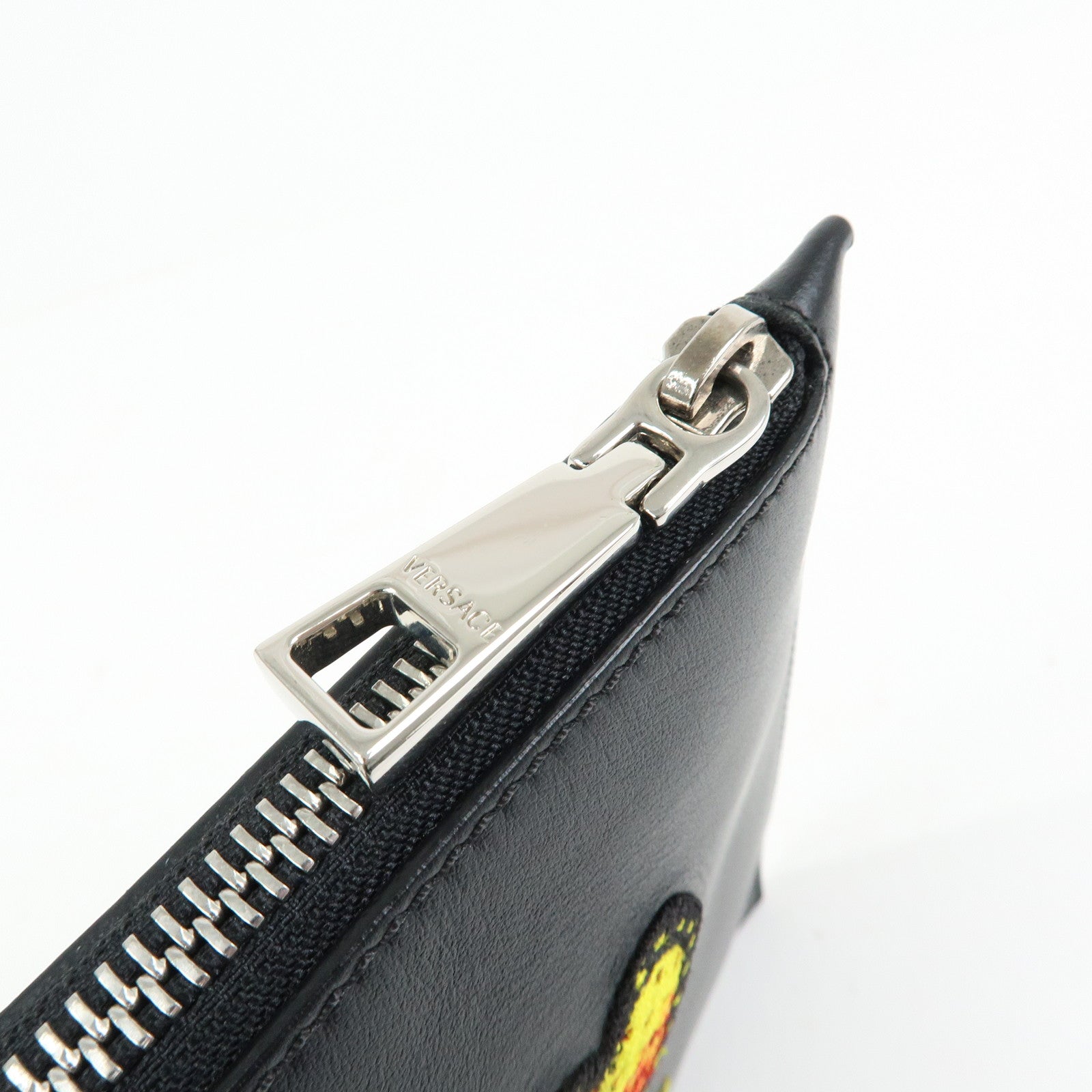 VERSACE Logo Leather Heart Wrist Bag Clutch Bag Black Multicolor