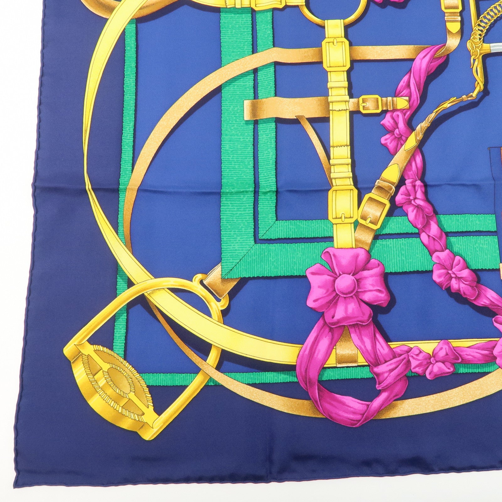 HERMES Carre 90 Silk 100% Grand Manege Scarf Navy Gold