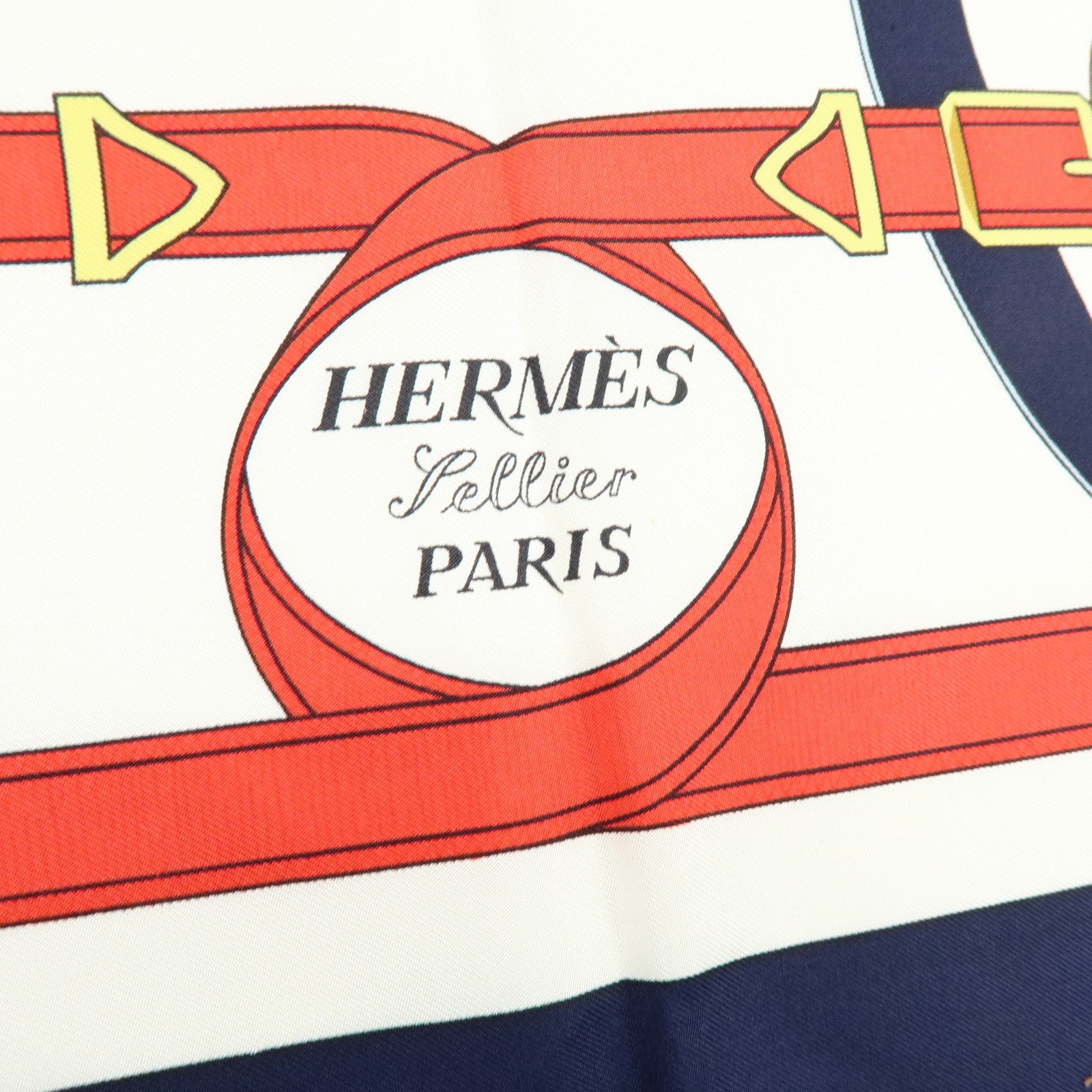 HERMES Carre 90 Silk 100% Scarf Eperon d'or Navy White Yellow Red