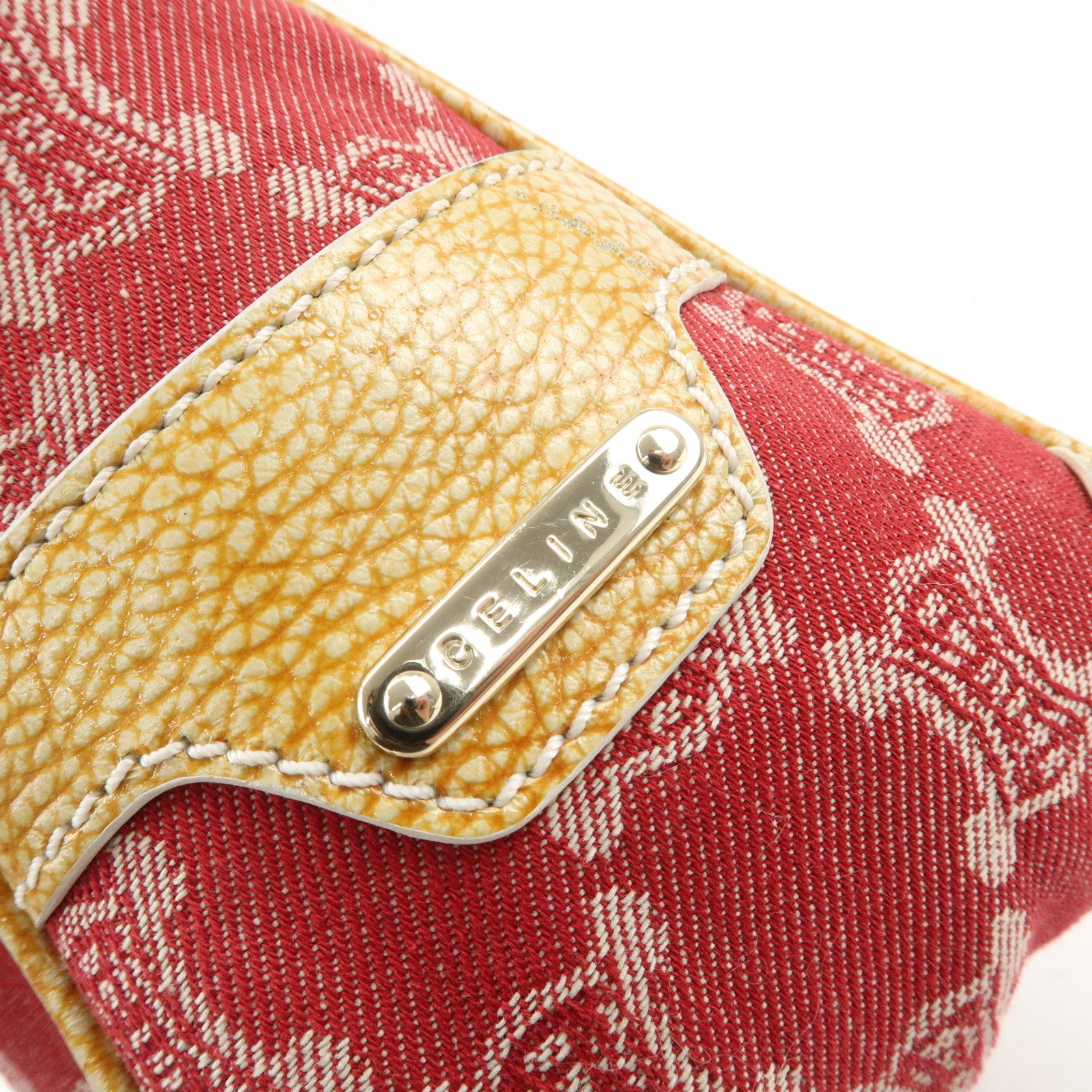 CELINE Macadam Boogie Canvas Leather Hand Bag Red Beige