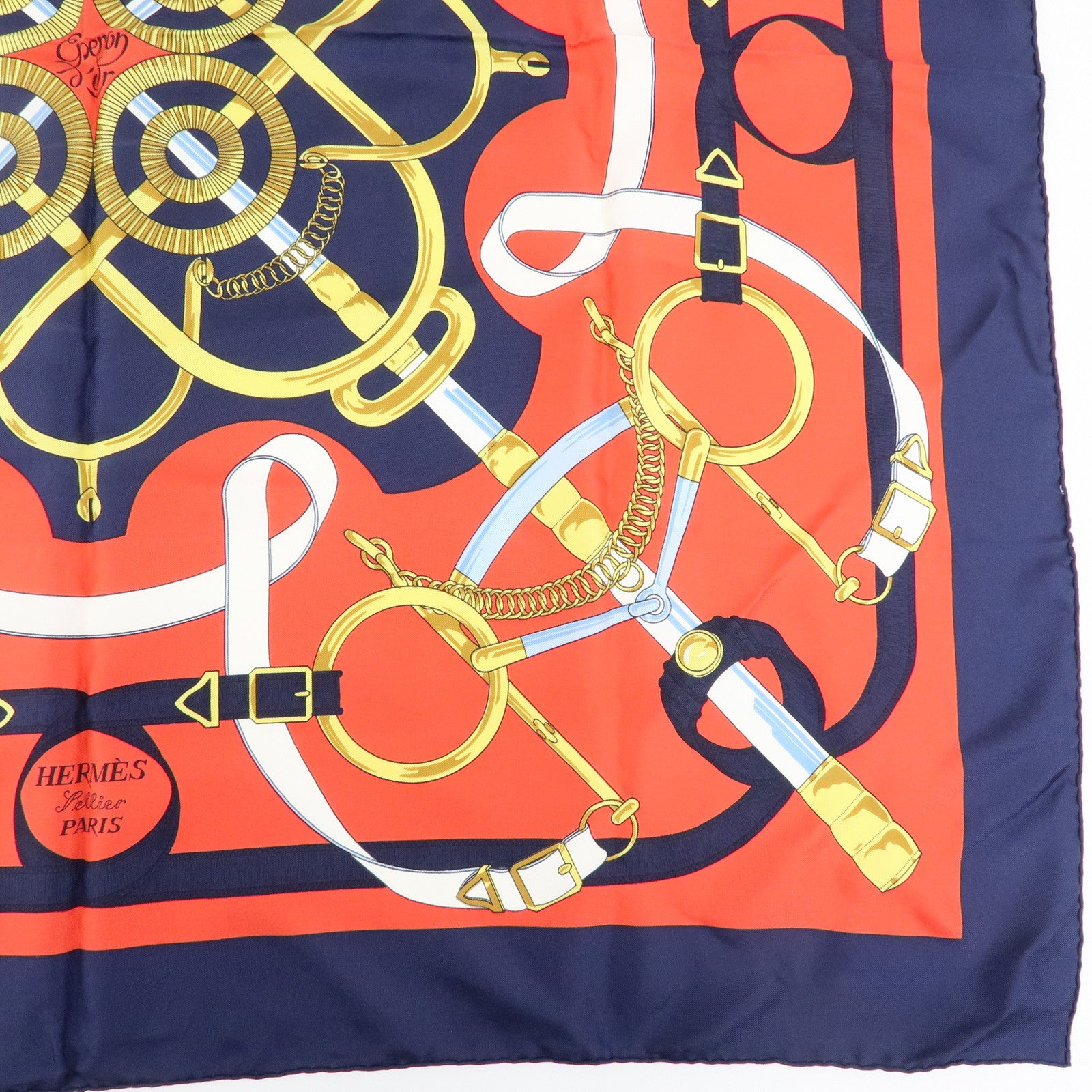 HERMES Carre 90 Silk 100% Scarf Eperon d'or Navy White Yellow Red