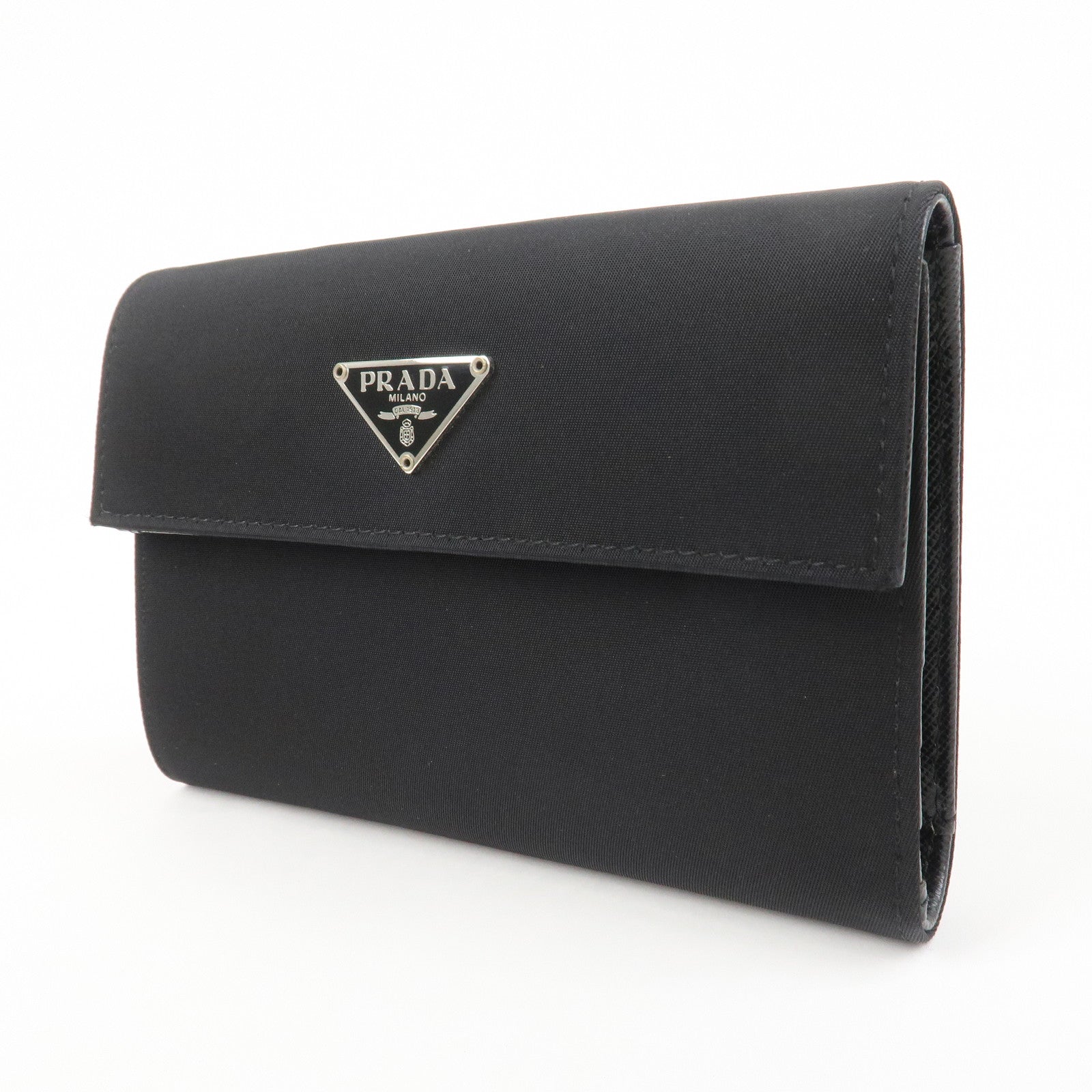 PRADA Triangle Logo Nylon Saffiano Leather Compact Wallet Black
