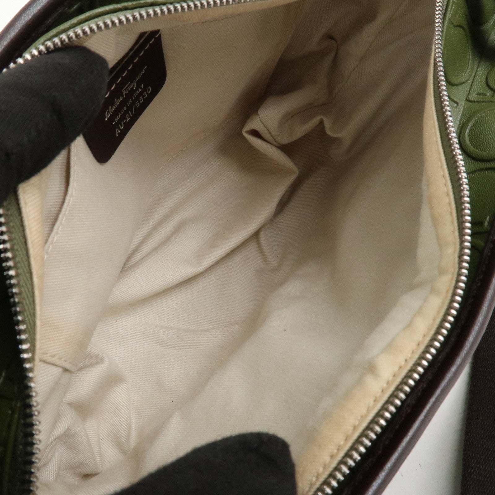 Ferragamo Gancini Embossed Leather 2Way Hand Shoulder Bag Green