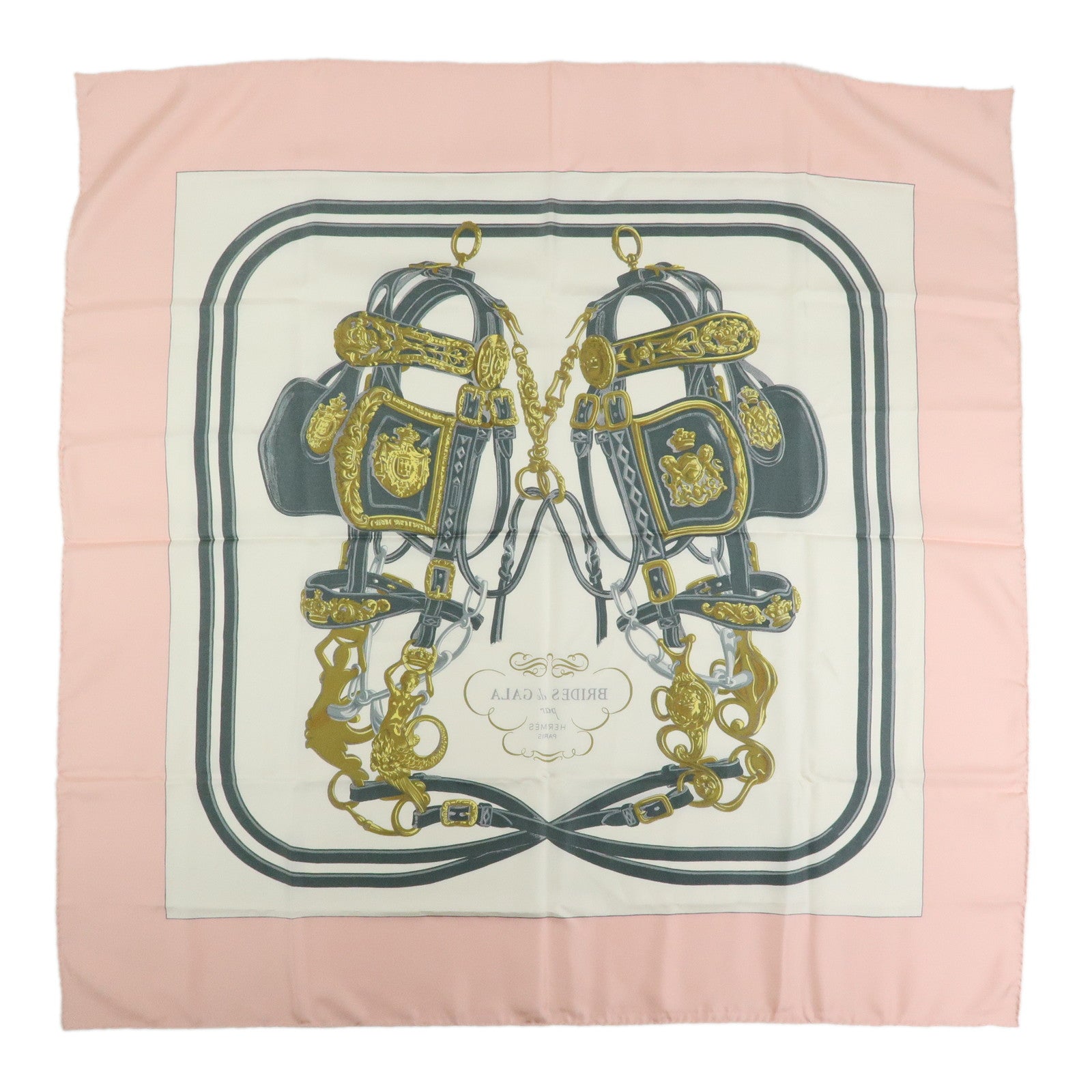 HERMES Carre 90 Silk 100% BRIDES DE GALA Scarf Light Pink White
