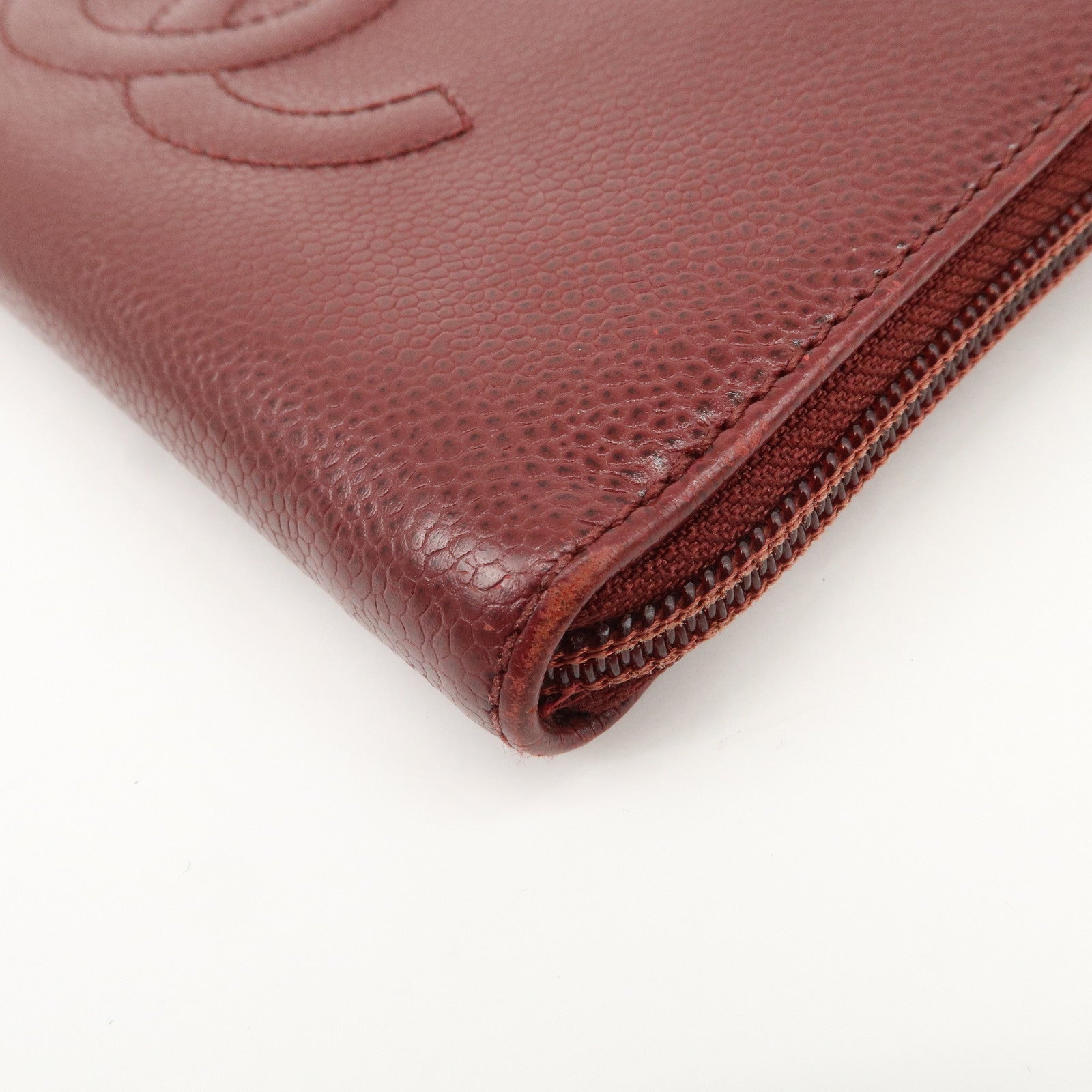 CHANEL COCO Mark Caviar Skin Round Zippy Wallet Bordeaux Used