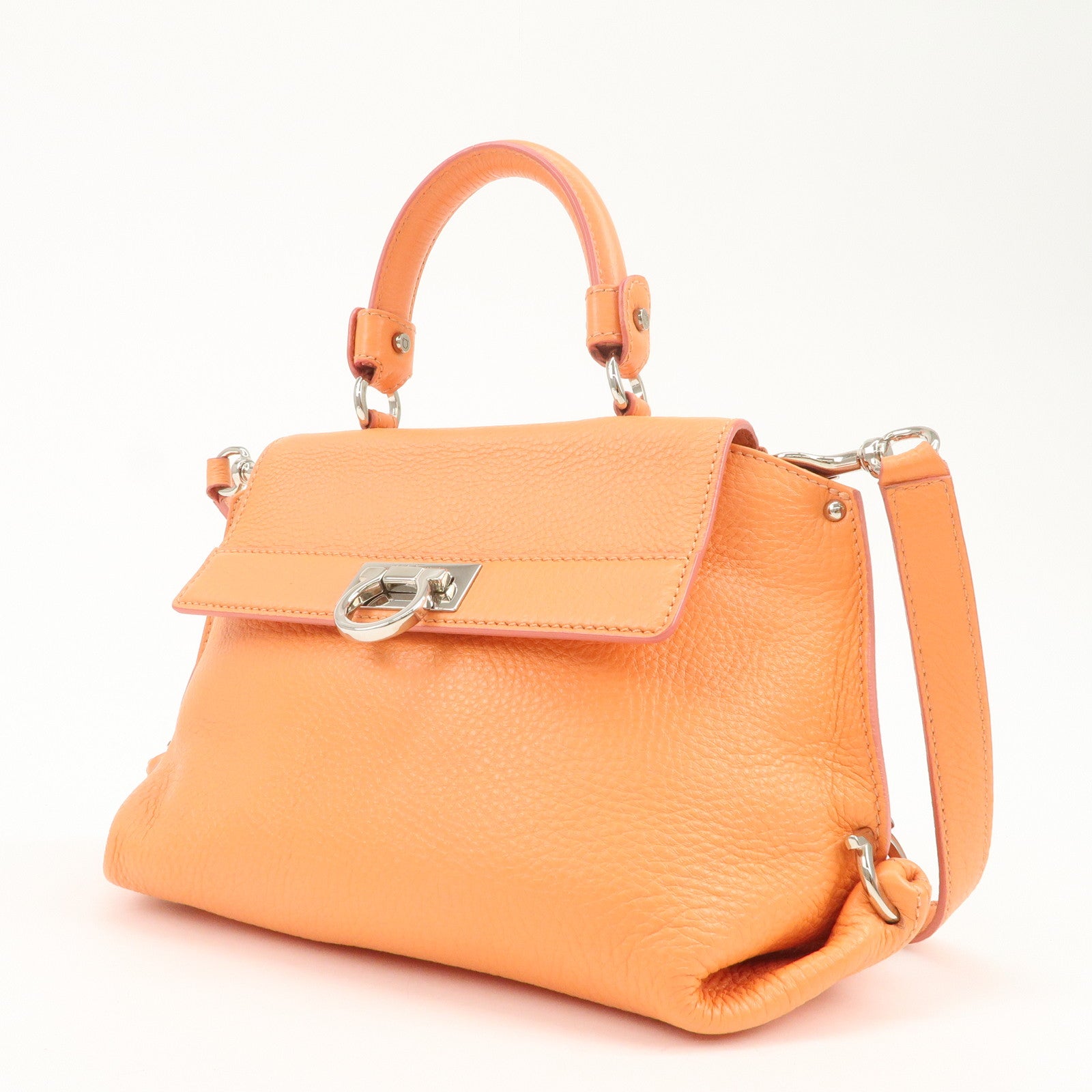 Ferragamo Gancini Leather 2Way Bag Hand Bag Shoulder Bag Orange