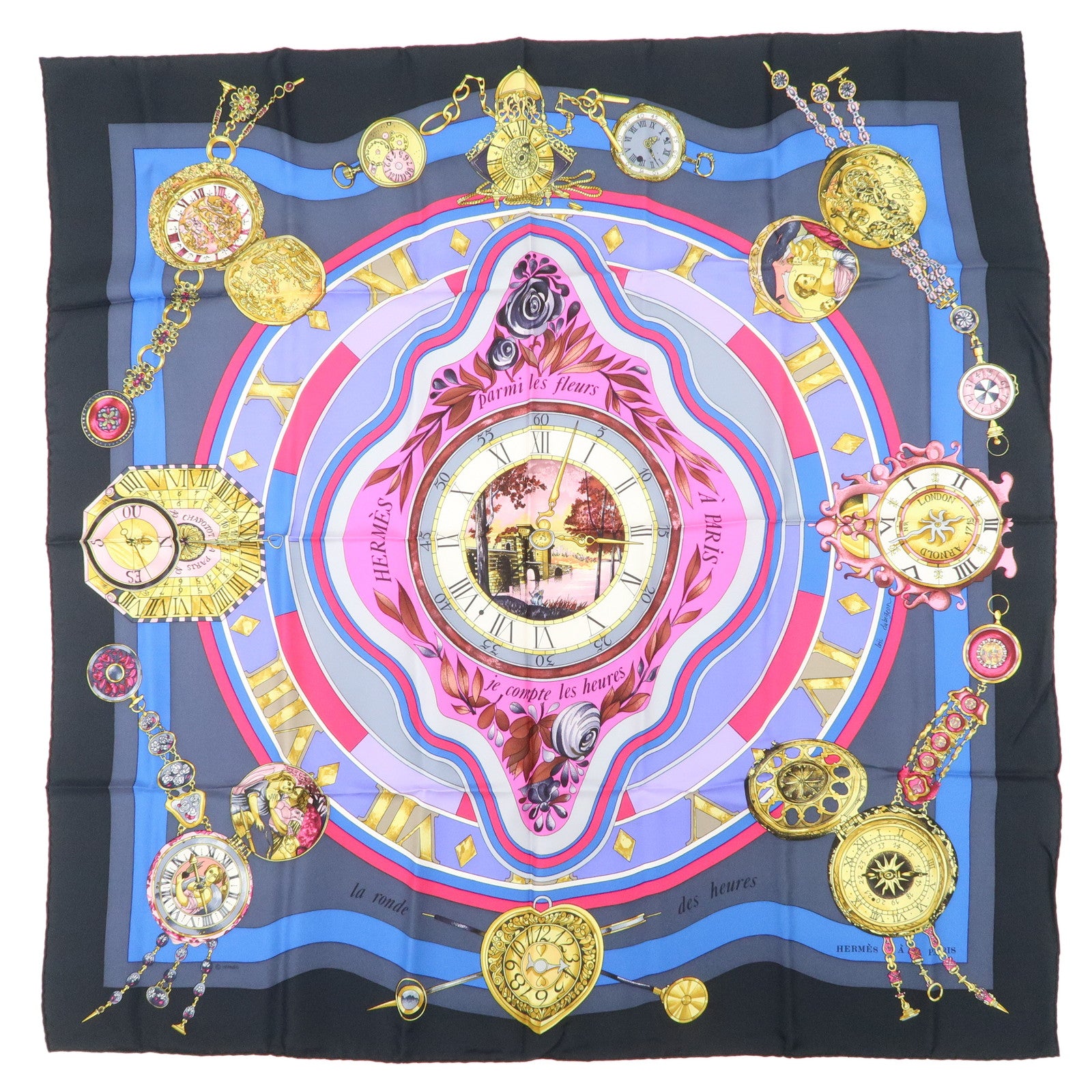 HERMES Carre 90 Silk 100% Scarf Parmi les fleurs je compte les heures Black