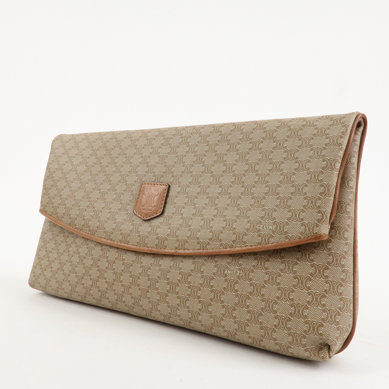 CELINE Macadam Leather PVC Clutch Bag Brown Beige Used