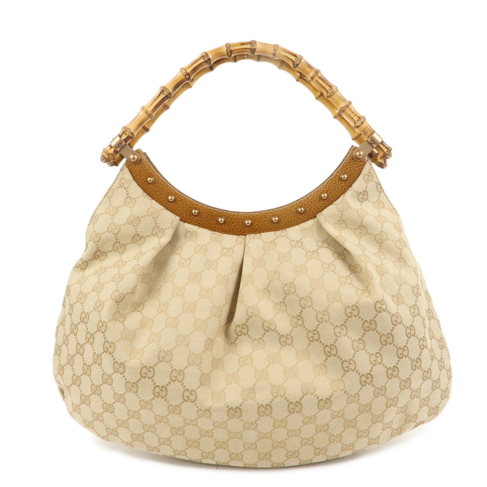 GUCCI Bamboo GG Canvas Leather Shoulder Bag Hand Bag Beige 124293