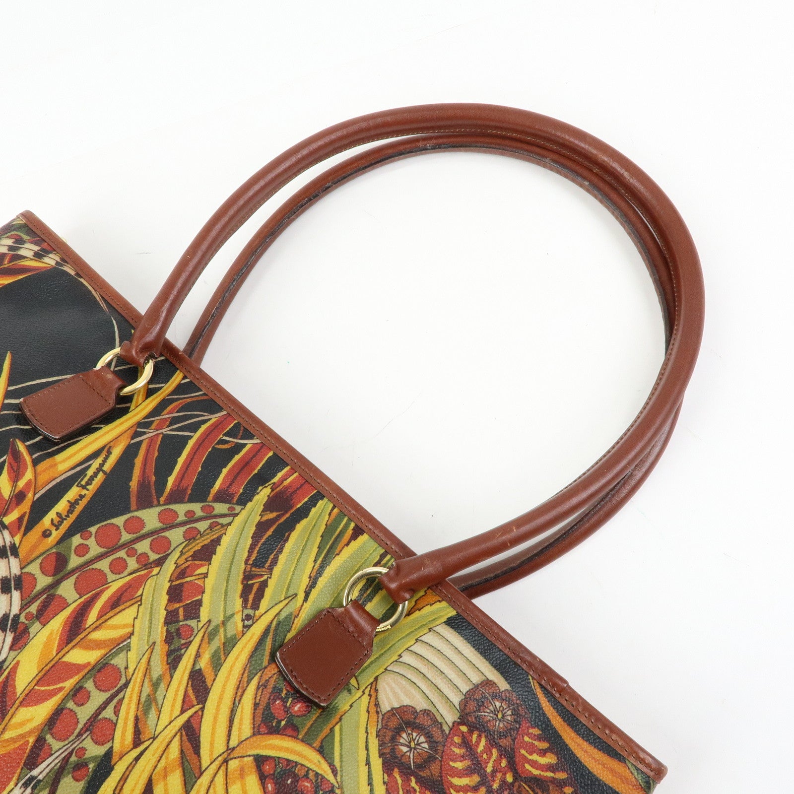 Ferragamo PVC Leather Tote Bag Shoulder Bag Black Brown Yellow