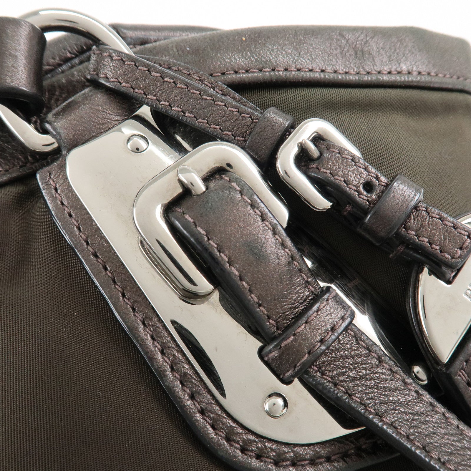PRADA Logo Nylon Leather Tote Bag Shoulder Bag Khaki Metallic Brown Used