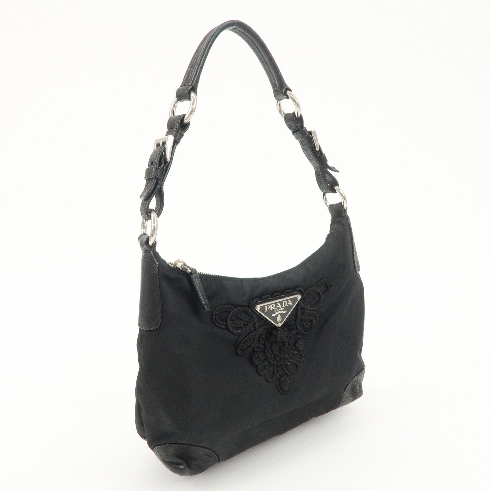 PRADA Triangle Logo Leather Nylon Shoulder Bag Hand Bag Black Used
