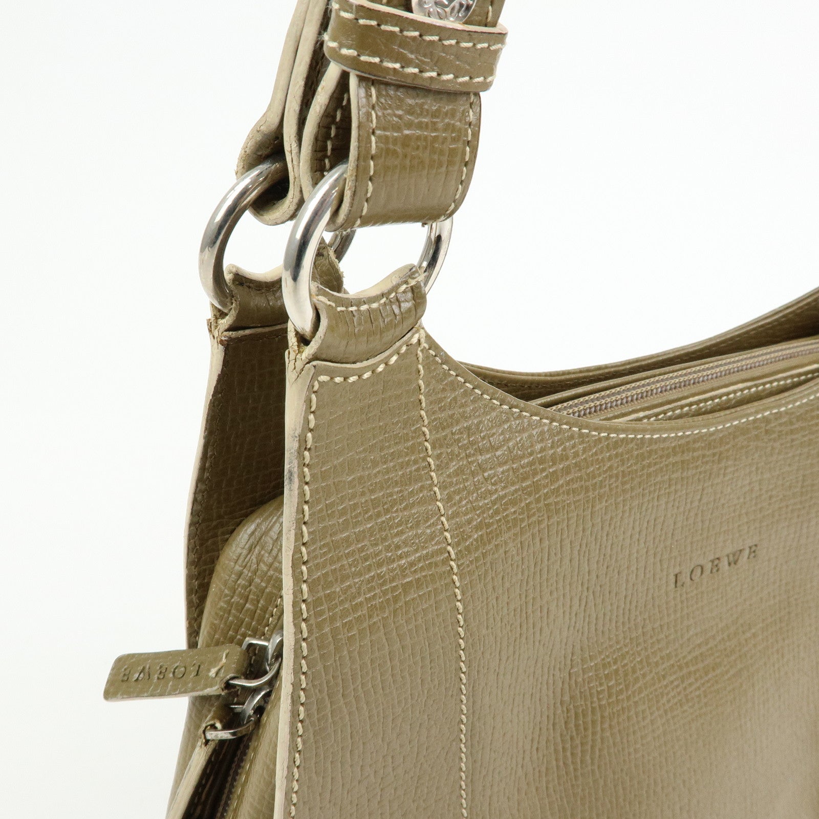 LOEWE Logo Leather Shoulder Bag Hand Bag Khaki