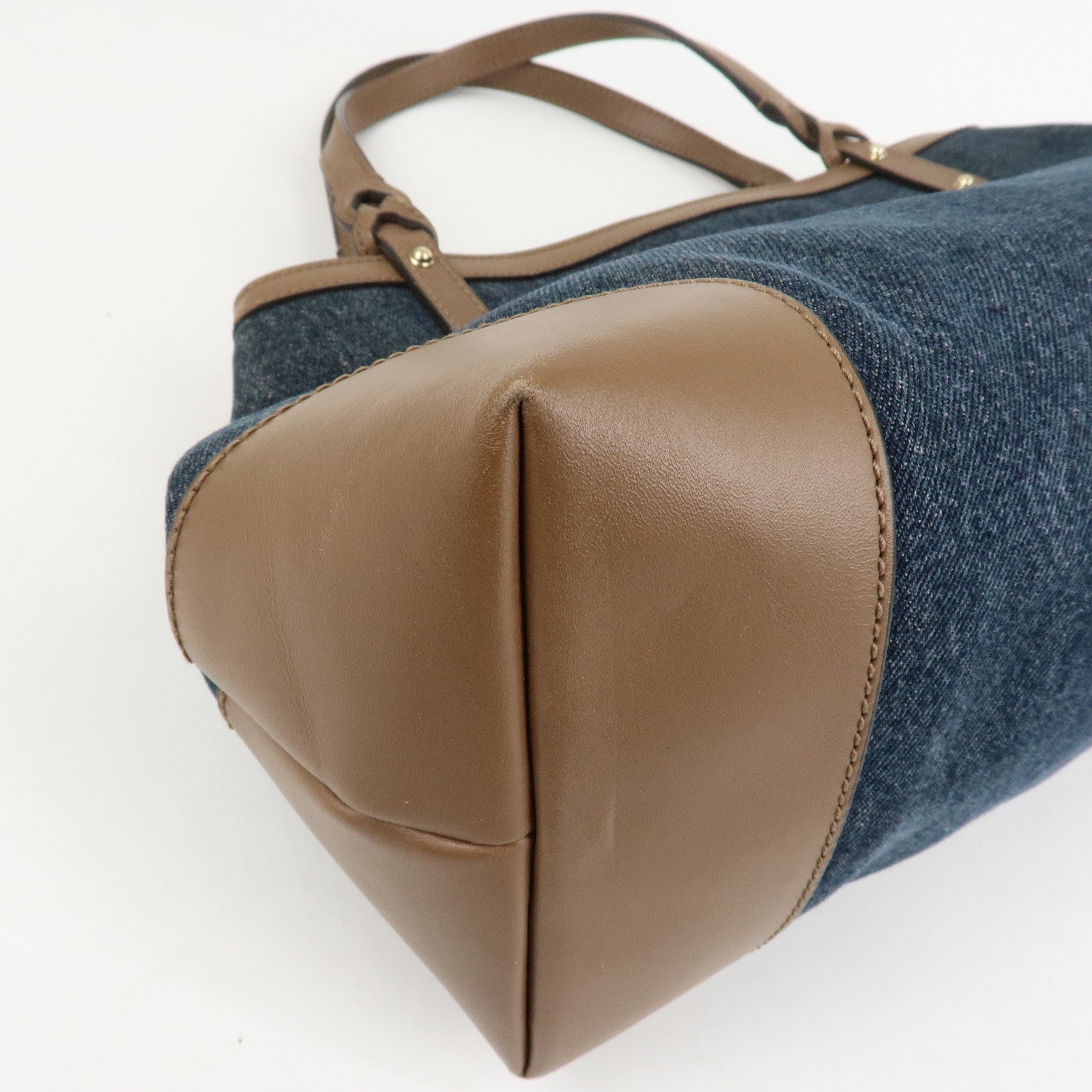 GUCCI Craft Denim Leather Tote Bag Hand Bag Navy Brown 348715