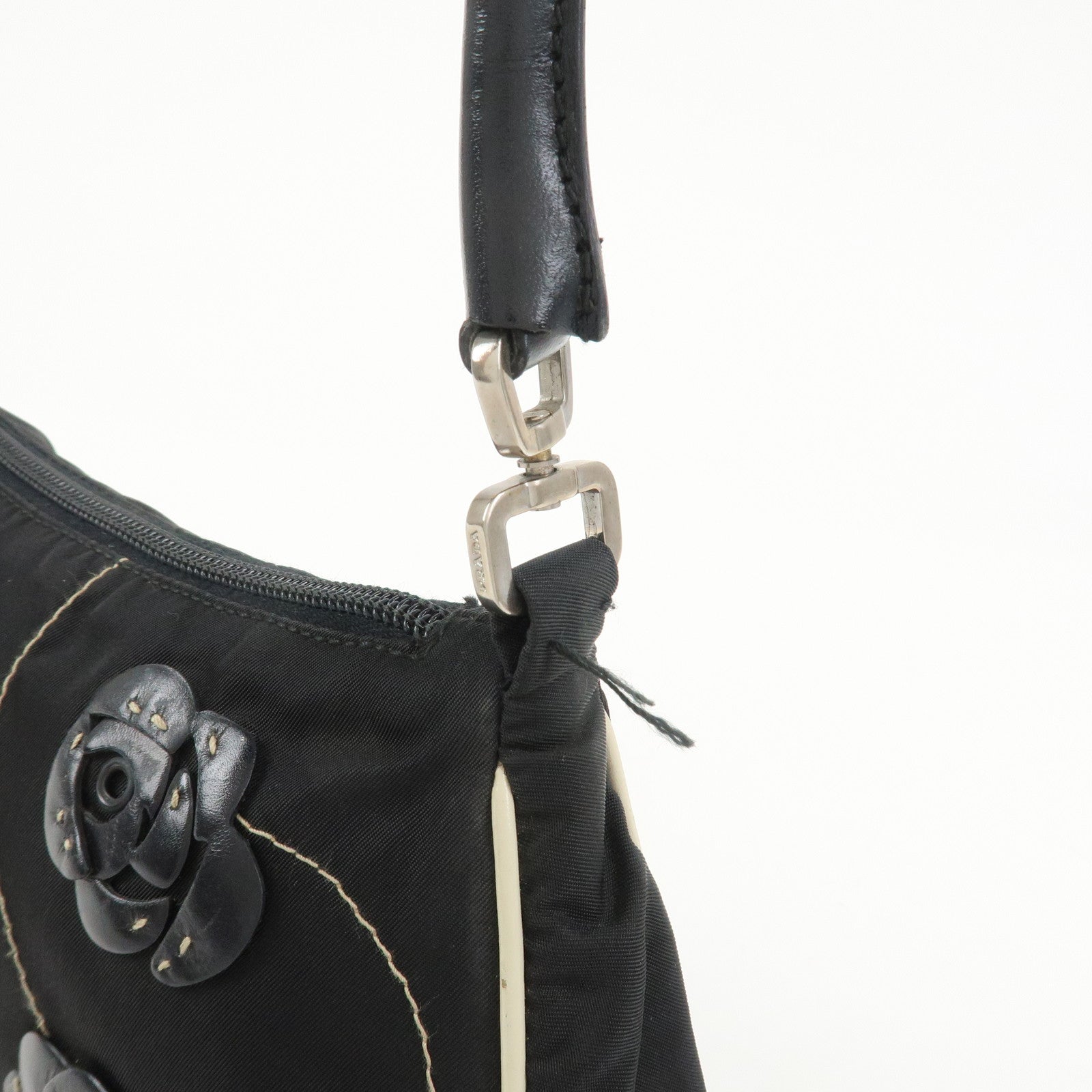 PRADA Nylon Leather Shoulder Bag Hand Bag Flower Motif Black