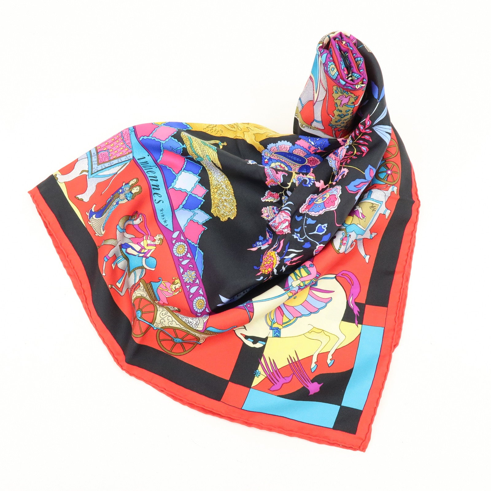HERMES Carre 90 Silk 100% Scarf Fantaisies indiennes Black Red Blue