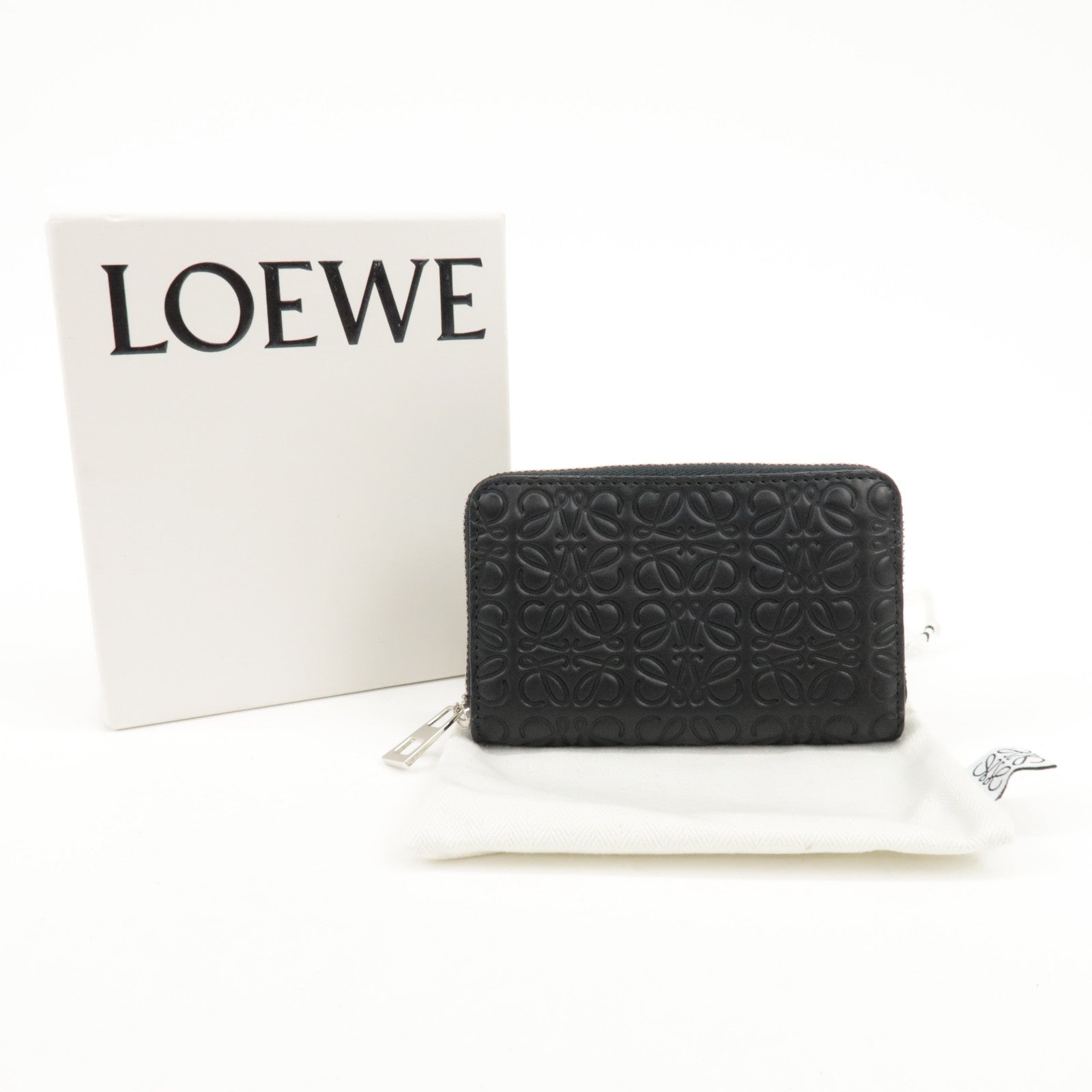 LOEWE Anagram Soft Grain Calf Coin Card Card Case Silver HDW Black Used
