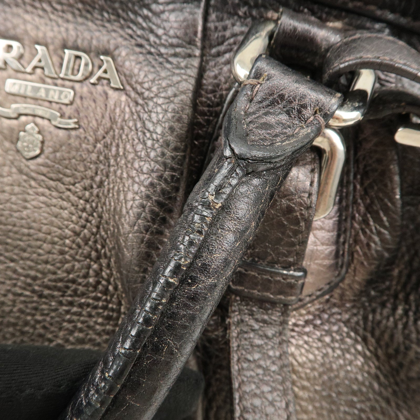 PRADA Logo Leather Shoulder Bag Hand Bag Bronze Used