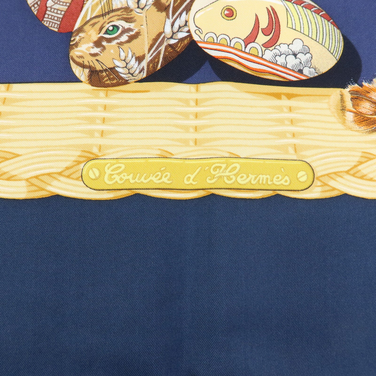 HERMES Carre 90 Silk 100% Scarf COUVEE D HERMES Egg Print Navy Gold