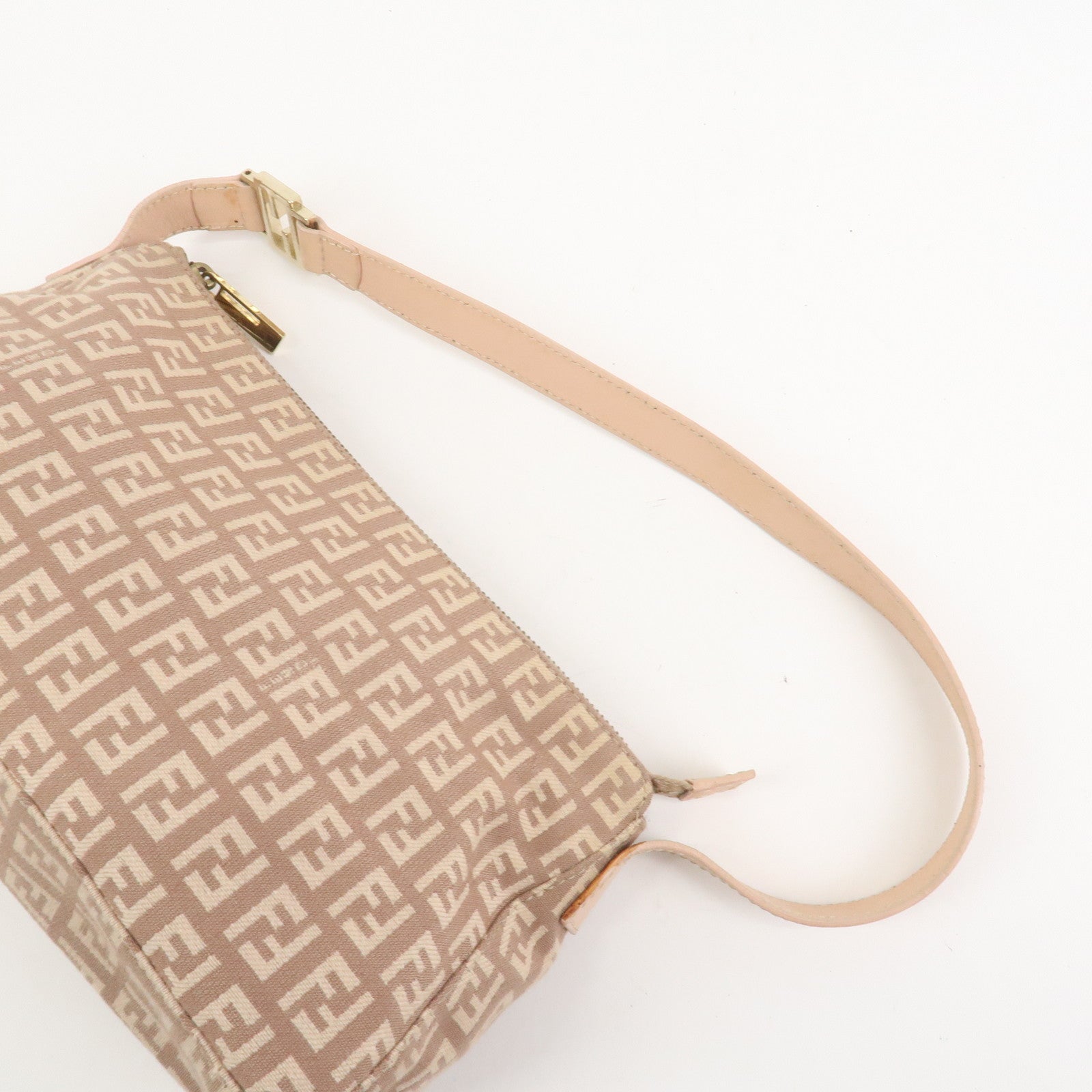 FENDI Zucchino Canvas Leather Shoulder Hand Bag Pink Beige 8BR444