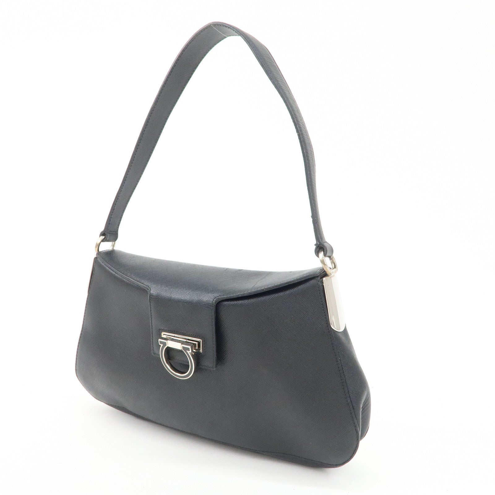 Ferragamo Gancini Leather Shoulder Bag Hand Bag Black Silver HDW