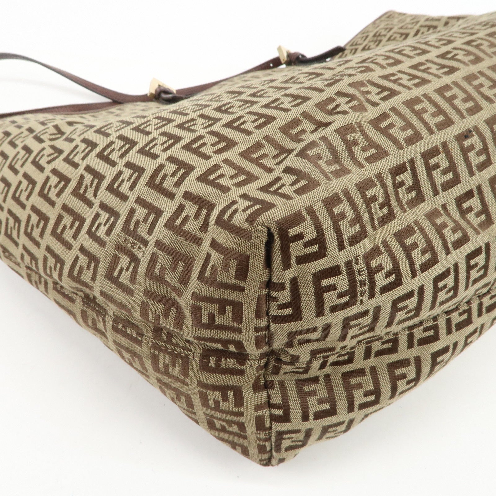 FENDI Zucchino Canvas Leather Tote Shoulder Bag Beige Brown 8BH127