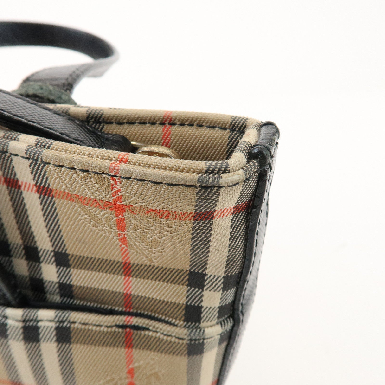 BURBERRY Nova Plaid Canvas Leather Small Hand Bag Black Beige
