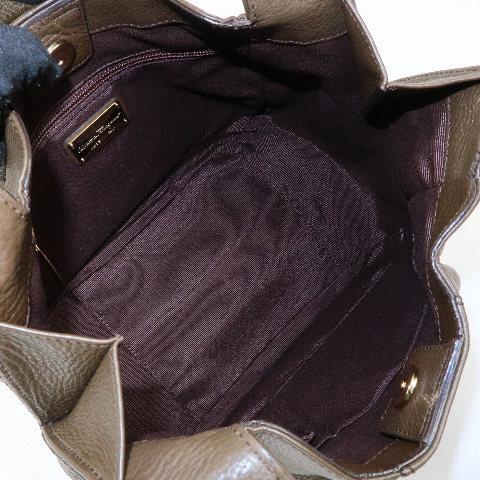Ferragamo Gancini Calf Leather Hand Bag Shoulder Bag Khaki