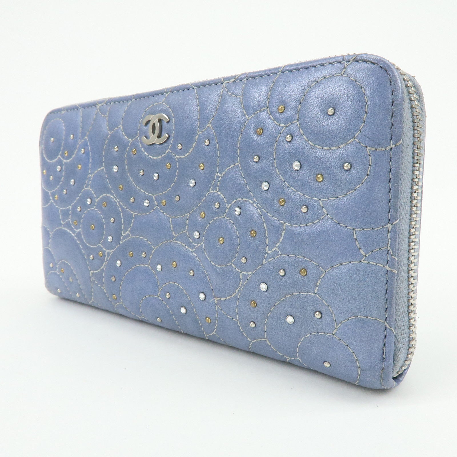 CHANEL Camellia Lamb Skin Round Zippy Wallet Light Blue A82281