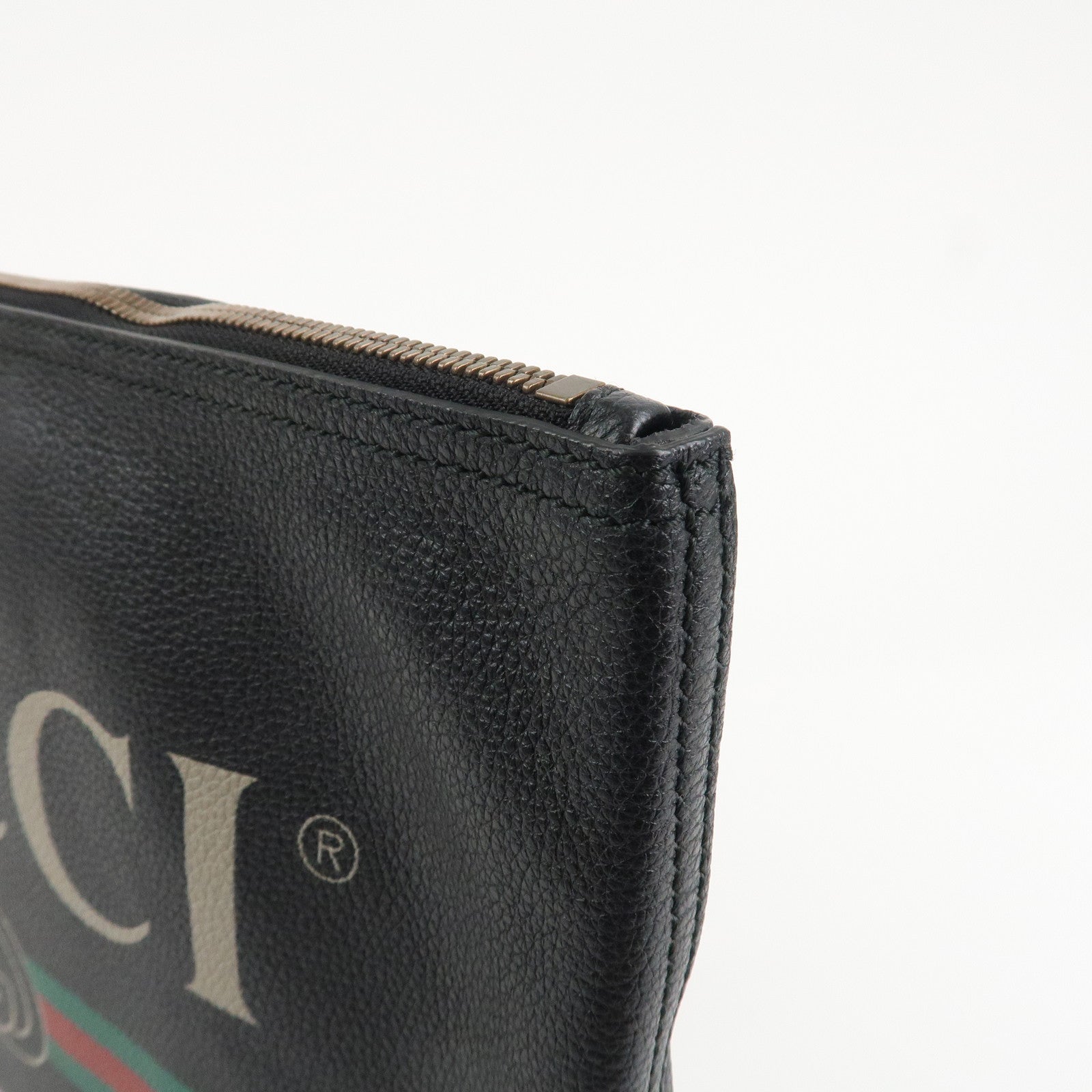 GUCCI Logo Print Leather Portfolio Clutch Bag Black 500984 Used