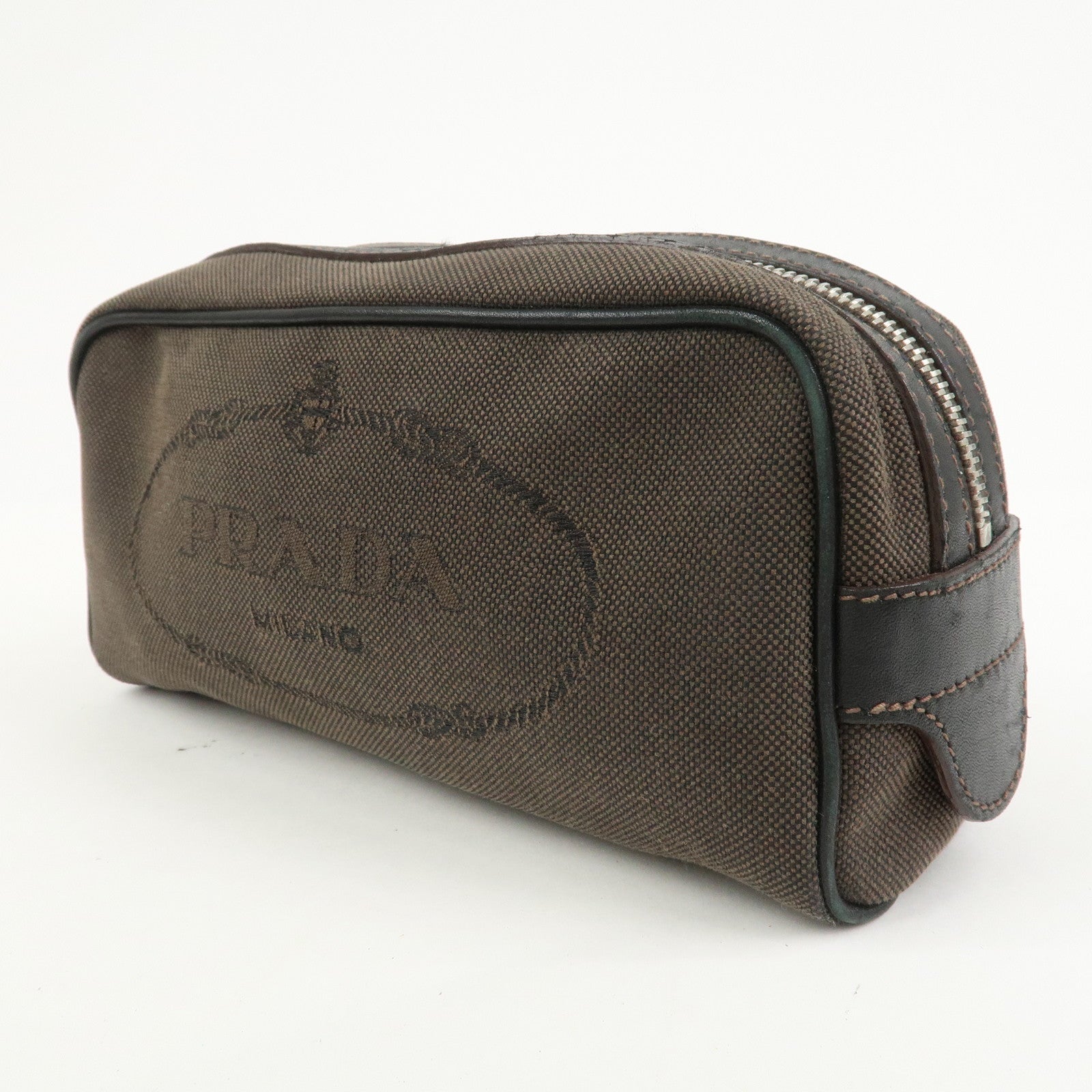 PRADA Logo Jacquard Pouch Cosmetic Pouch Makeup Bag Brown