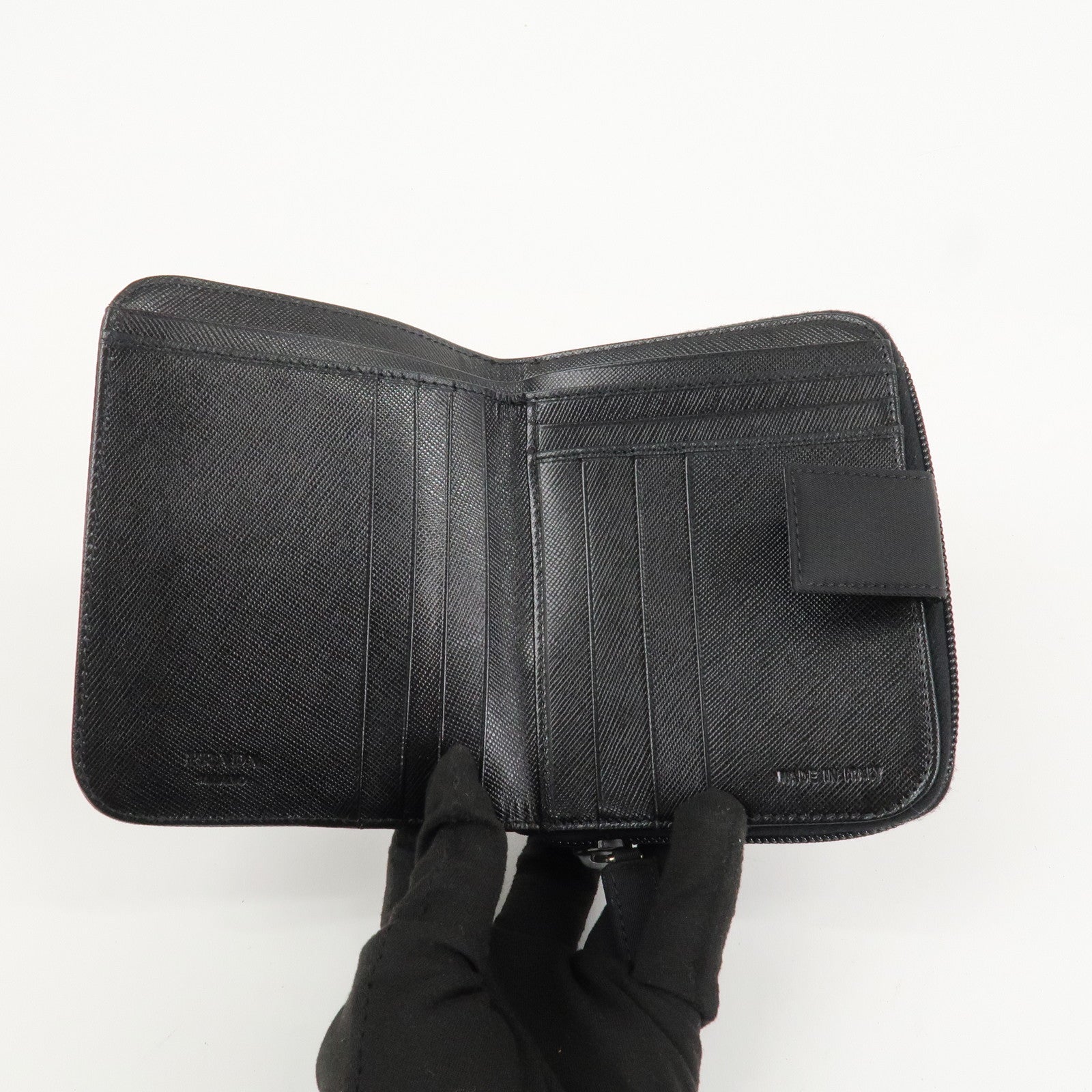PRADA Nylon Saffiano Leather Bi-fold Round zippy Wallet Black Used