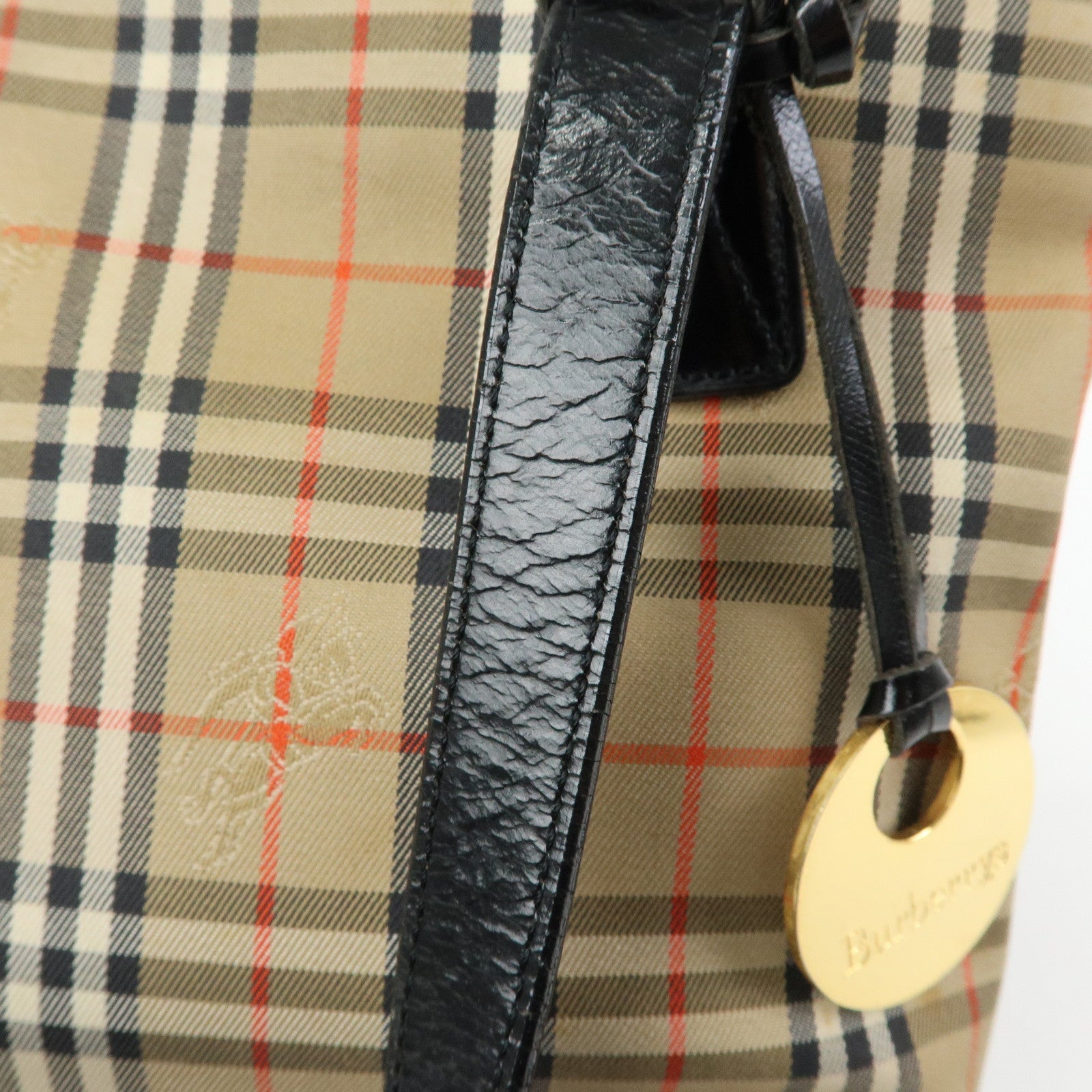 BURBERRY Canvas Leather Nova Plaid Tote Shoulder Bag Beige Black